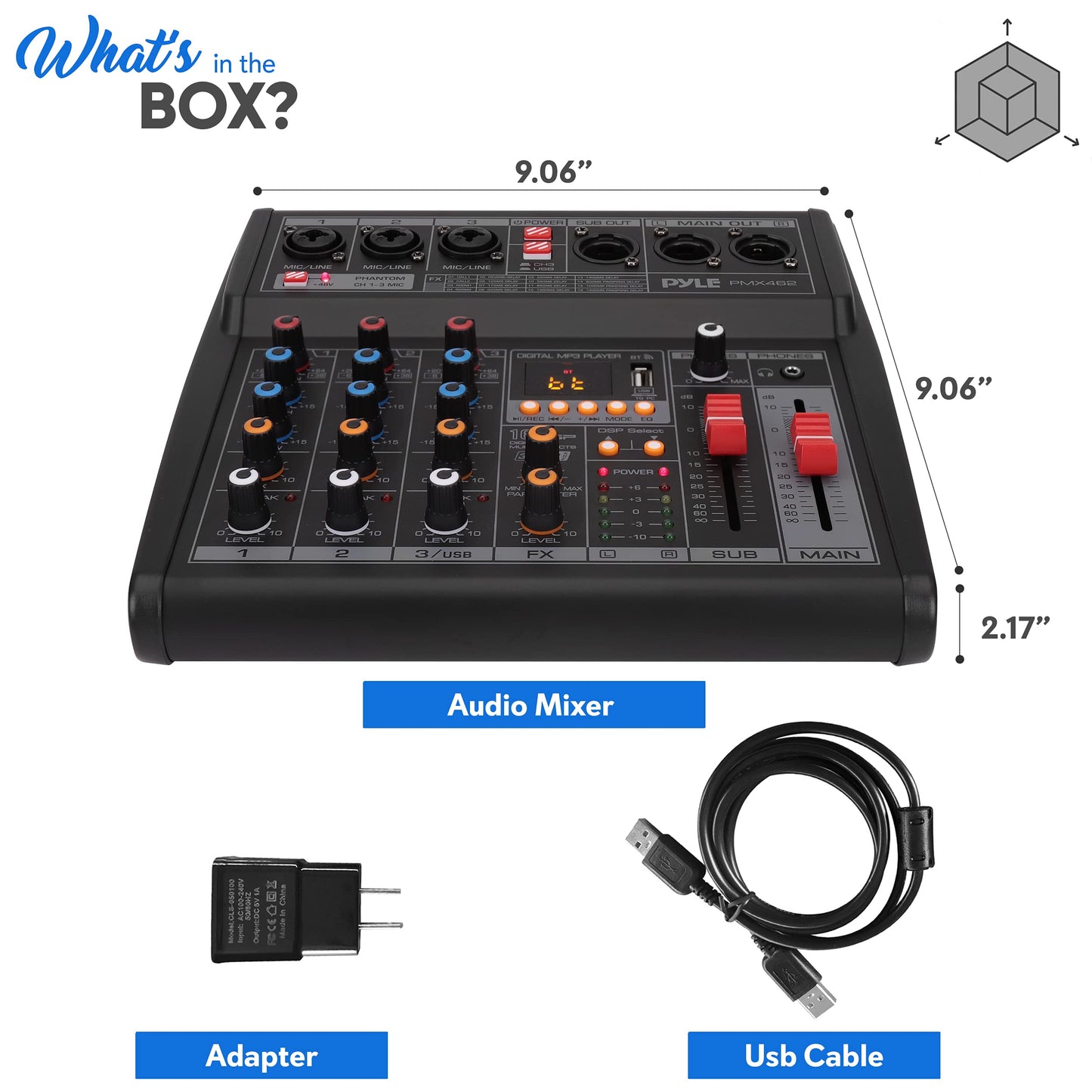 Pyle Professional DJ Audio Mixer - 3-Channel Controller with 16 Preset DSP Effects - USB Interface - 3 Mic/Line Inputs - +48V Phantom Power - Built-in FX Processor - MP3 Player/Headphone Jack - PMX462