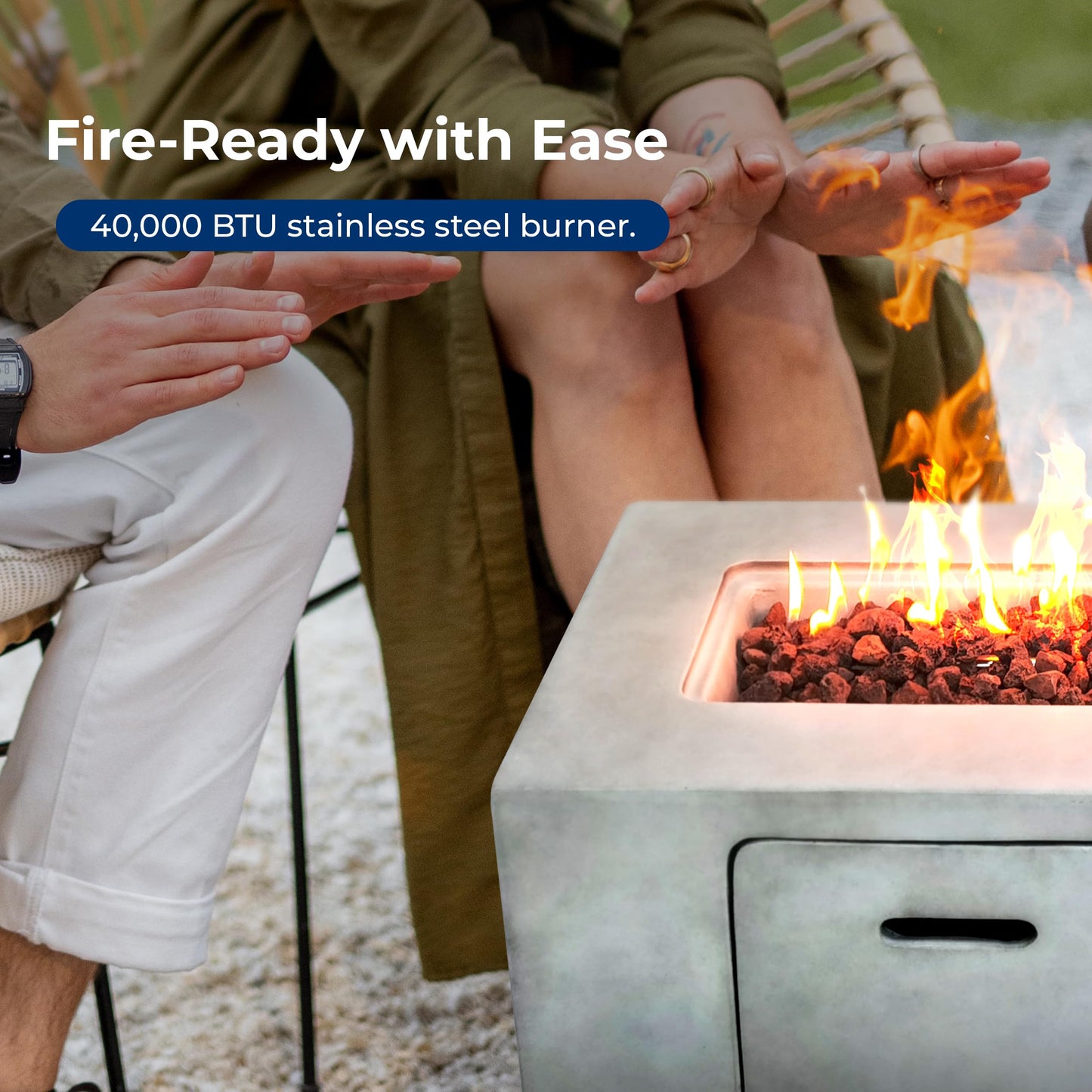 SereneLife Propane Gas Fire Pit Table - 40,000 BTU Square Outdoor Firepit with Cover, Lava Rock, and Adjustable Flame Height