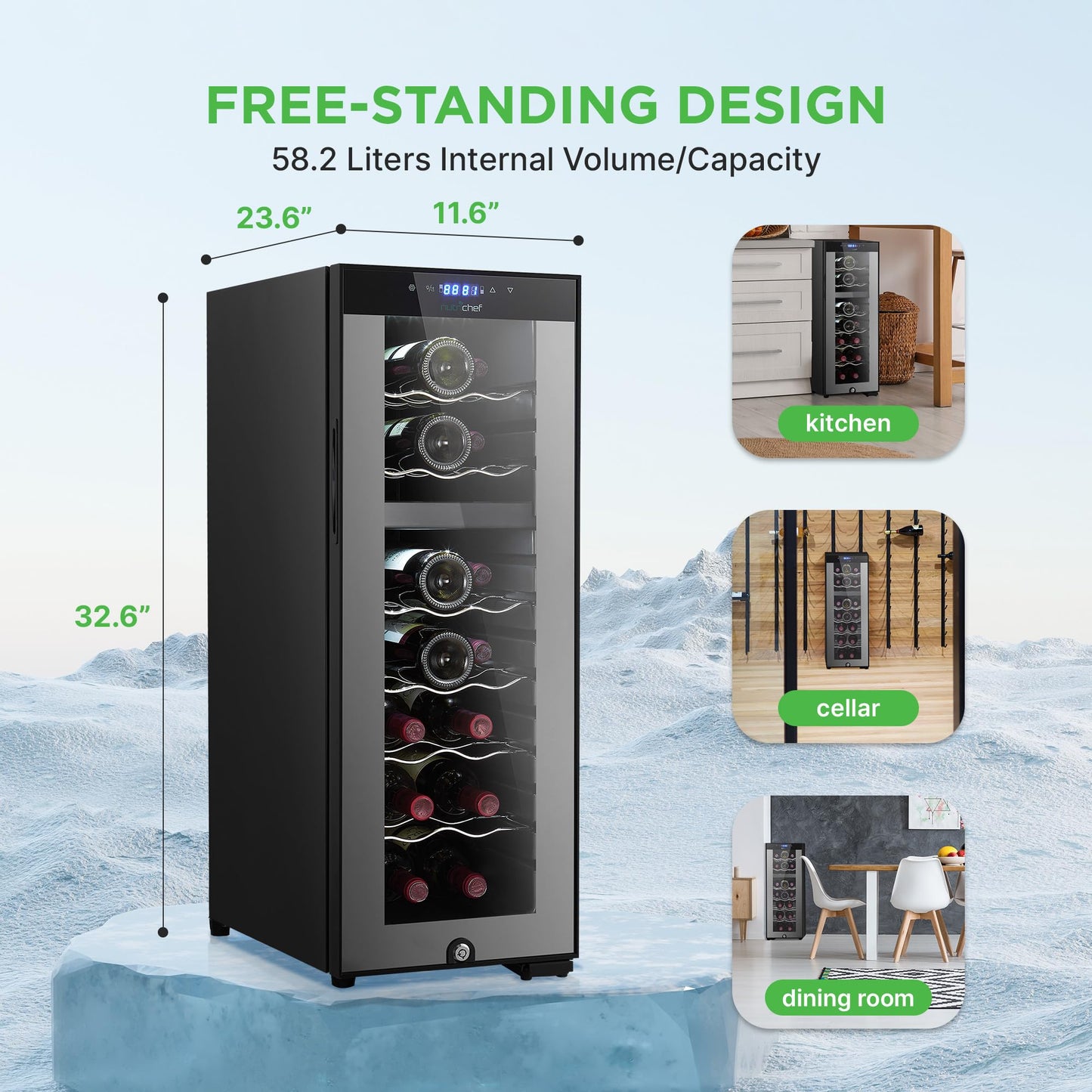 Nutrichef 18 Bottle Wine Fridge | Dual Zone Wine Chiller | Adjustable Temperature 41°F to 64°F | Ultra Quiet Operation | Wine Cooler For Home, & Office | Free Standing 32x11x26 IN (Black)