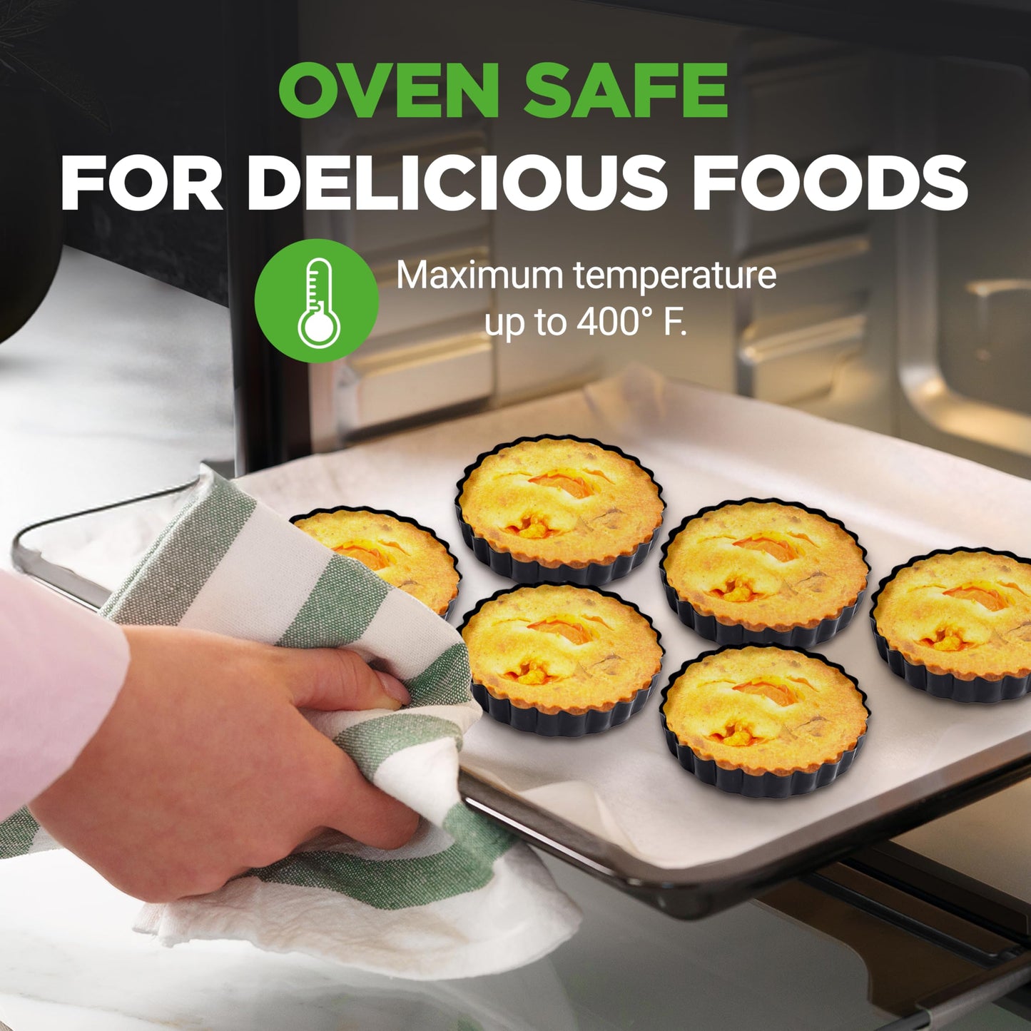 NutriChef Mini Tart Pans 10 Nonstick Molds With Removable Bottoms | 4 Inch Heavy Duty Steel Quiche Pans | Oven & Dishwasher Safe | Fluted Sides for Sweet & Savory Foods | Includes 200 Parchment Papers