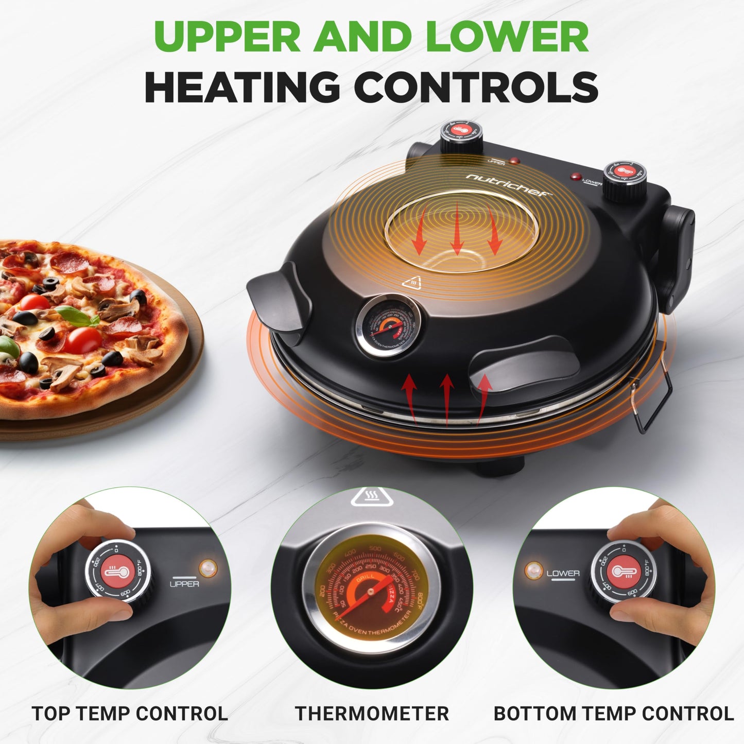 NutriChef Electric Pizza Oven | 12 Inch Countertop Pizza Maker with Temperature Control & Thermometer | Viewing Window for Precise Cooking | Heats up to 800F | Easy to Clean Non-Stick Stone | Black