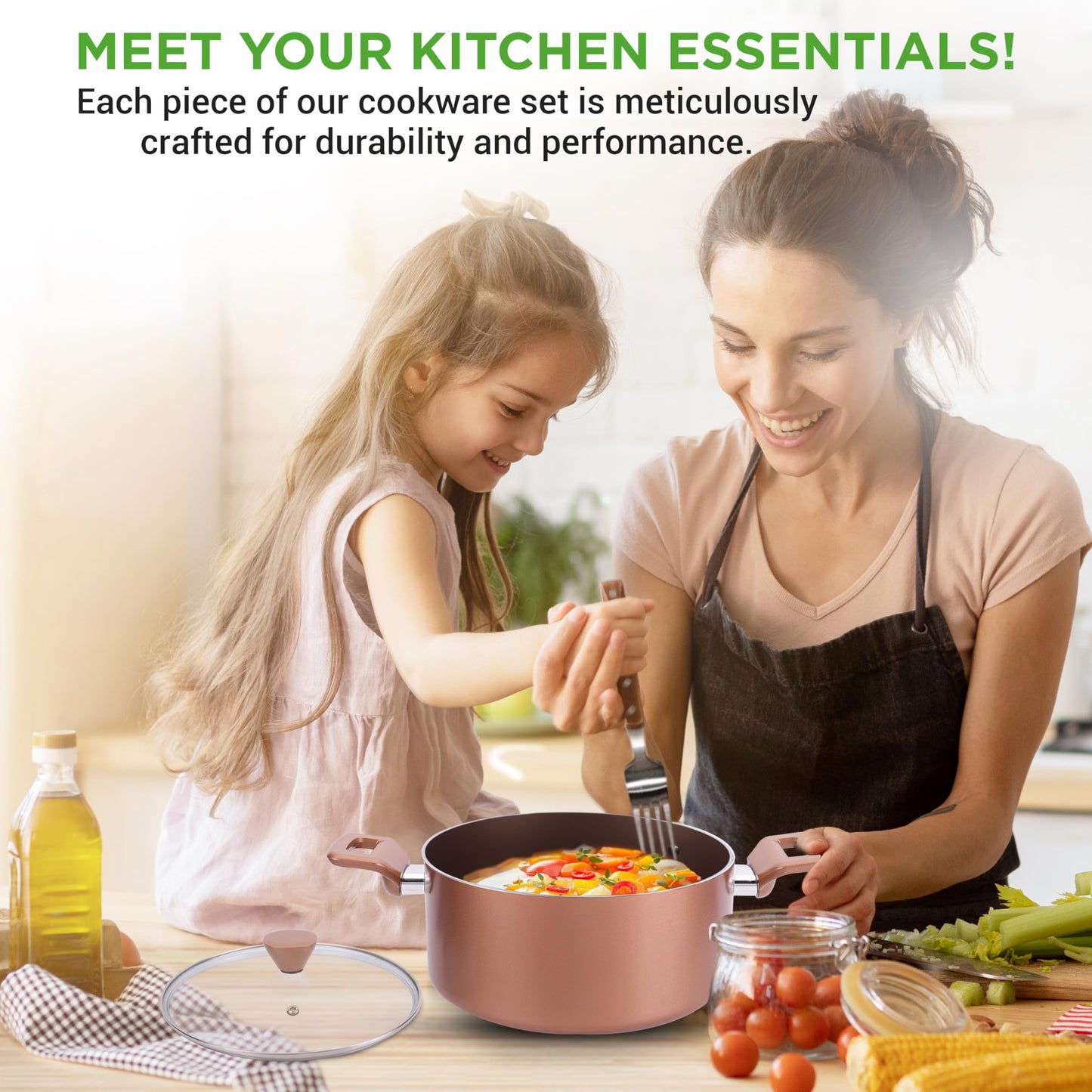 NutriChef 13 Pcs. Nonstick Kitchen Cookware PFOA/PFOS-Free Heat Resistant Kitchenware Set w/Saucepan, Frying Pans, Cooking Pots, Casserole, Lids, & Utensils, Brown, NCCWA13BR