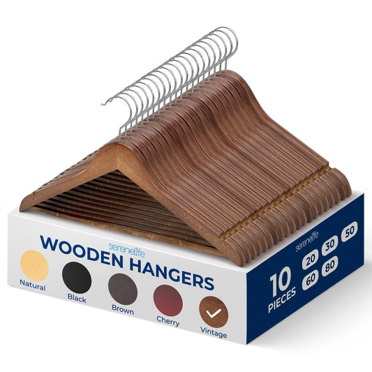 SereneLife 10-Pack Vintage Wooden Suit Hangers – Premium Solid Wood Coat Hangers with 360° Swivel Hook & Notches – Heavy-Duty, Space-Saving Design for Shirts, Jackets, Dresses & More