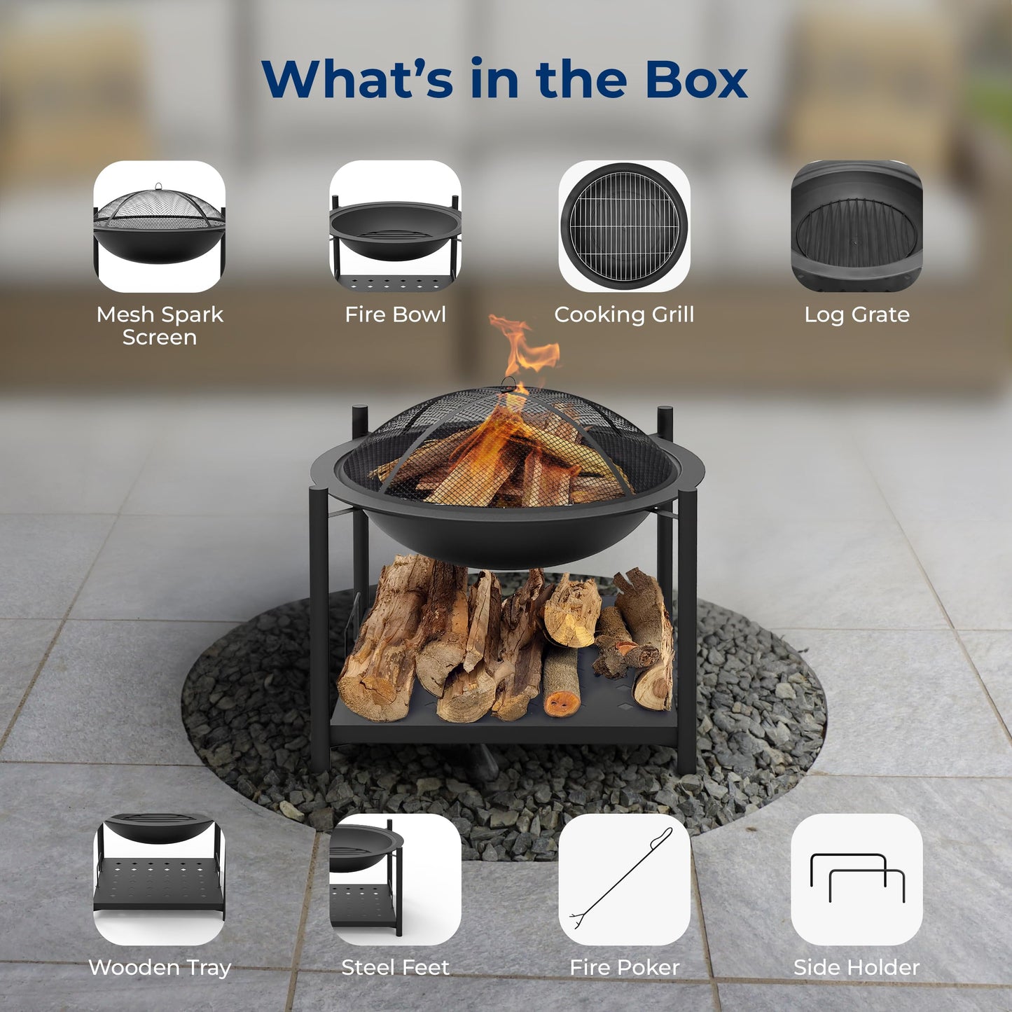 SereneLife 26" Outdoor Wood Fire Pit with BBQ Grill, Mesh Screen, and Wood Storage – Heavy-Duty Steel Frame, Heat-Resistant – Ideal for Bonfires, Camping, and Outdoor Cooking