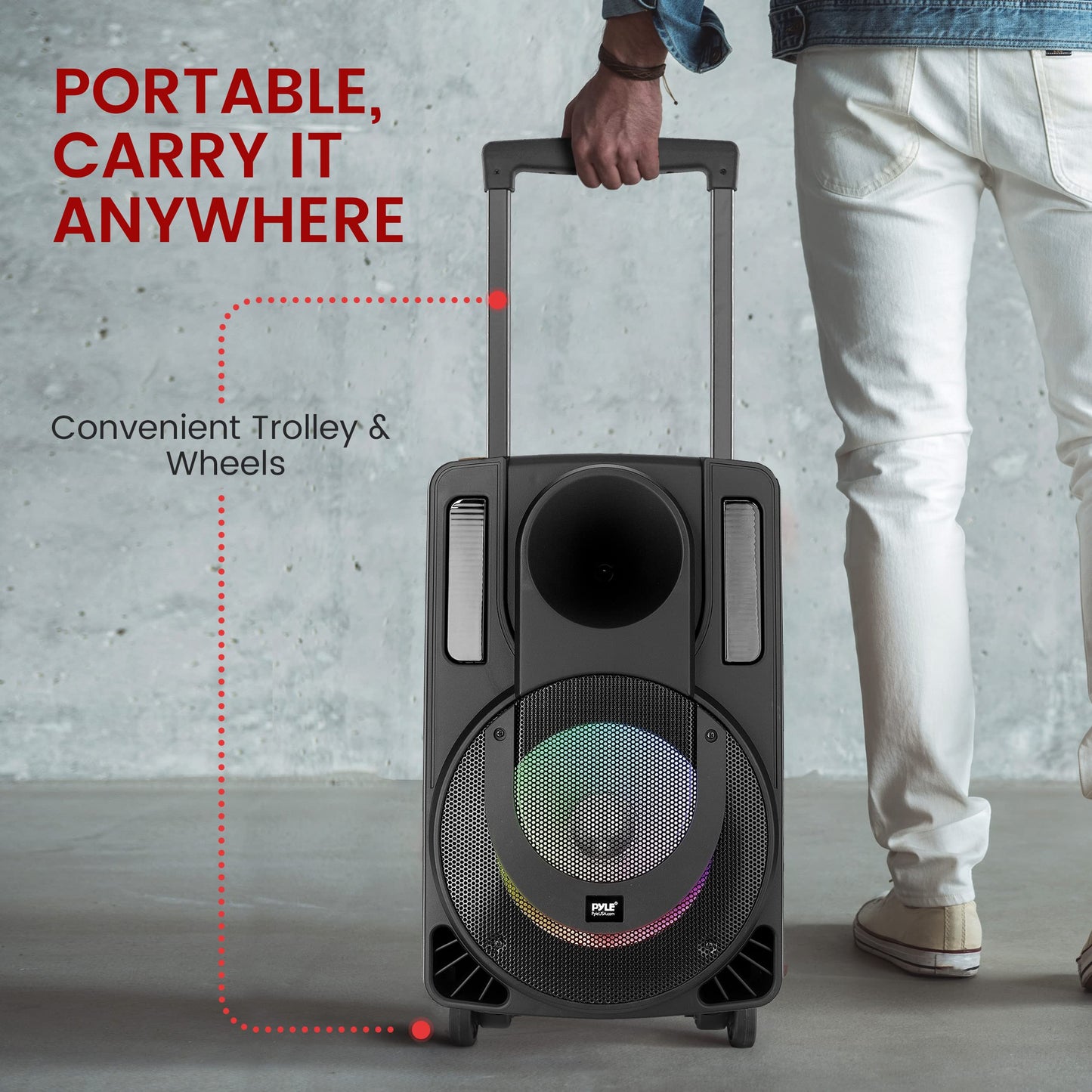 Pyle PHPWA15TB 15’' Portable PA Speaker System - Wireless BT Streaming PA & Karaoke Party Audio Speaker, Two Wireless Mic, Wired Microphone, Tablet Stand, Flashing Party Lights, MP3/USB/FM Radio