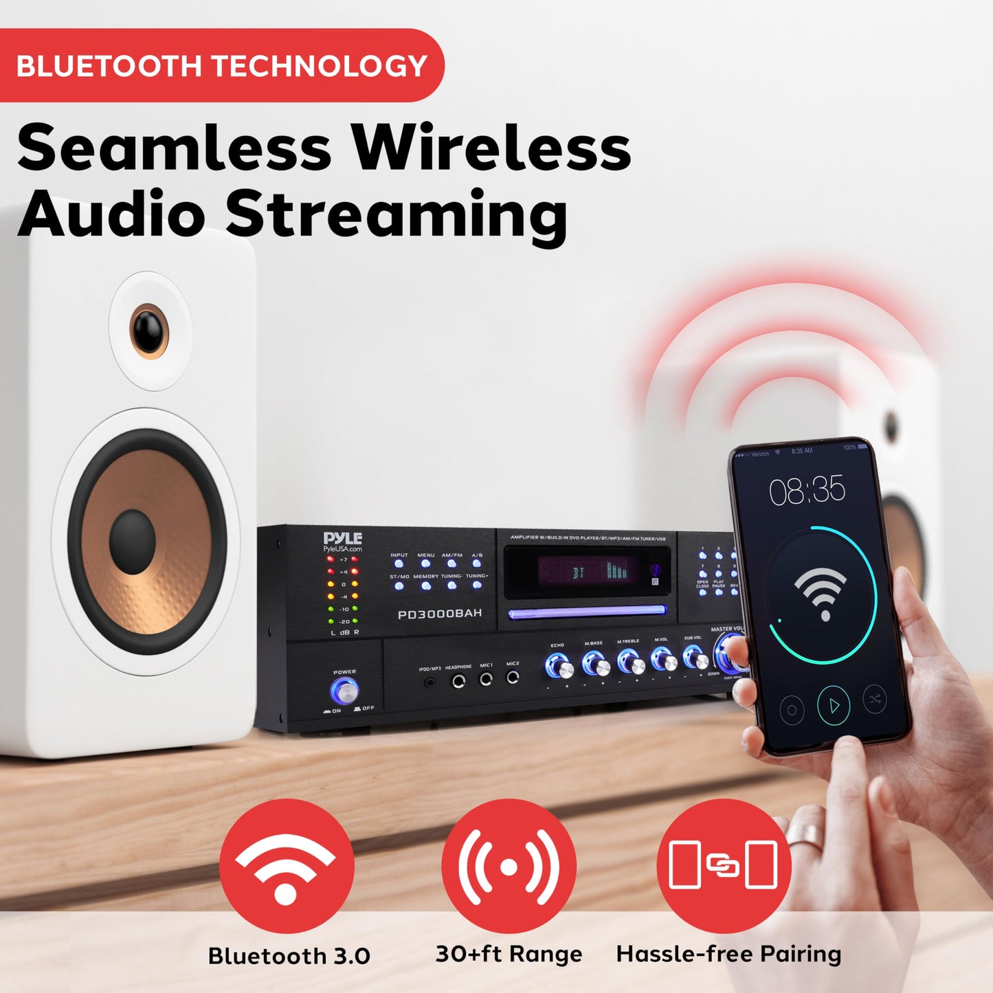 Pyle 4000W 4-Channel Wireless Bluetooth Amplifier - Stereo Home Audio Receiver with FM Radio - HDMI - USB - 2 Mic Inputs w/Echo - Front CD/DVD Player - Subwoofer Output - Rack Mount - PD3000BAH