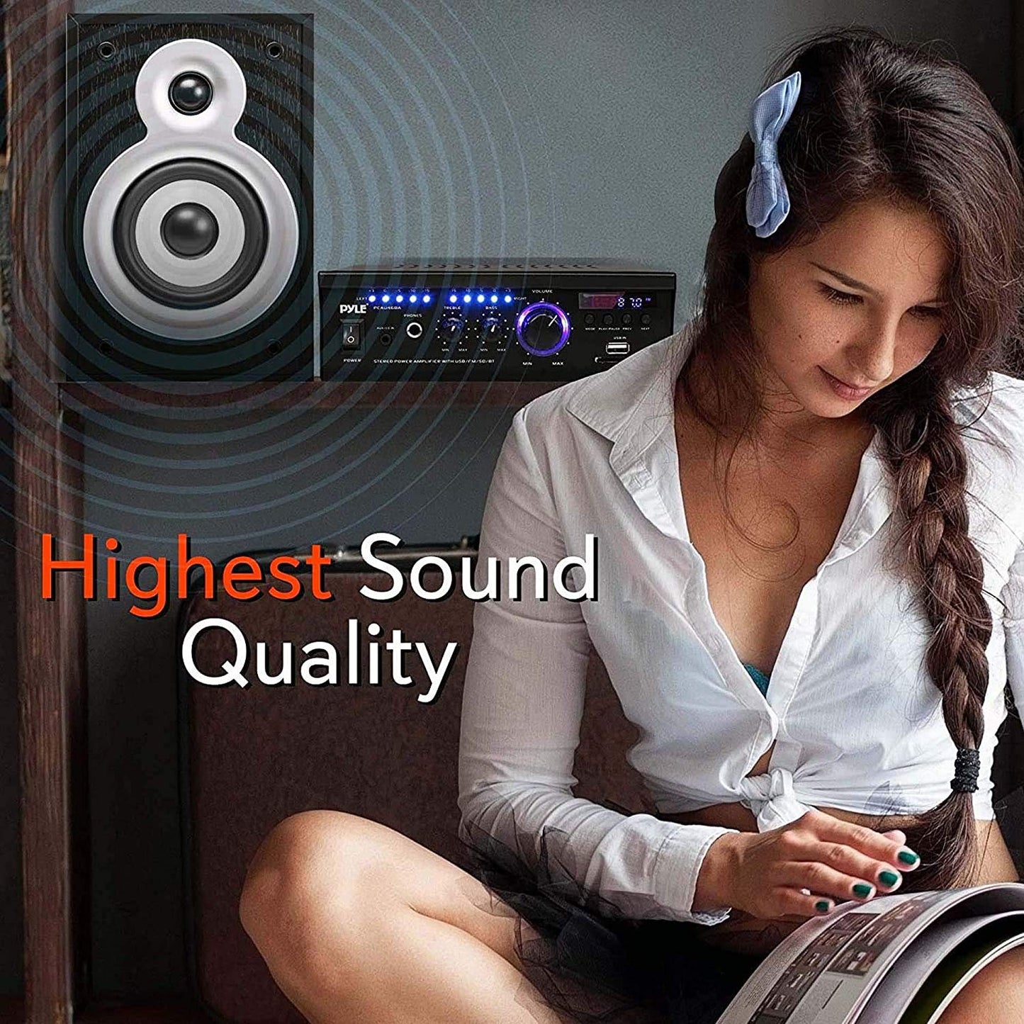Wireless Bluetooth Home Stereo Amplifier - 2x120 Watt Power Amplifier Home Audio Bluetooth Receiver System w/Blue LED Display, AM/FM Radio, USB/SD, AUX, RCA, Headphone Jack - Remote - PCAU46BA
