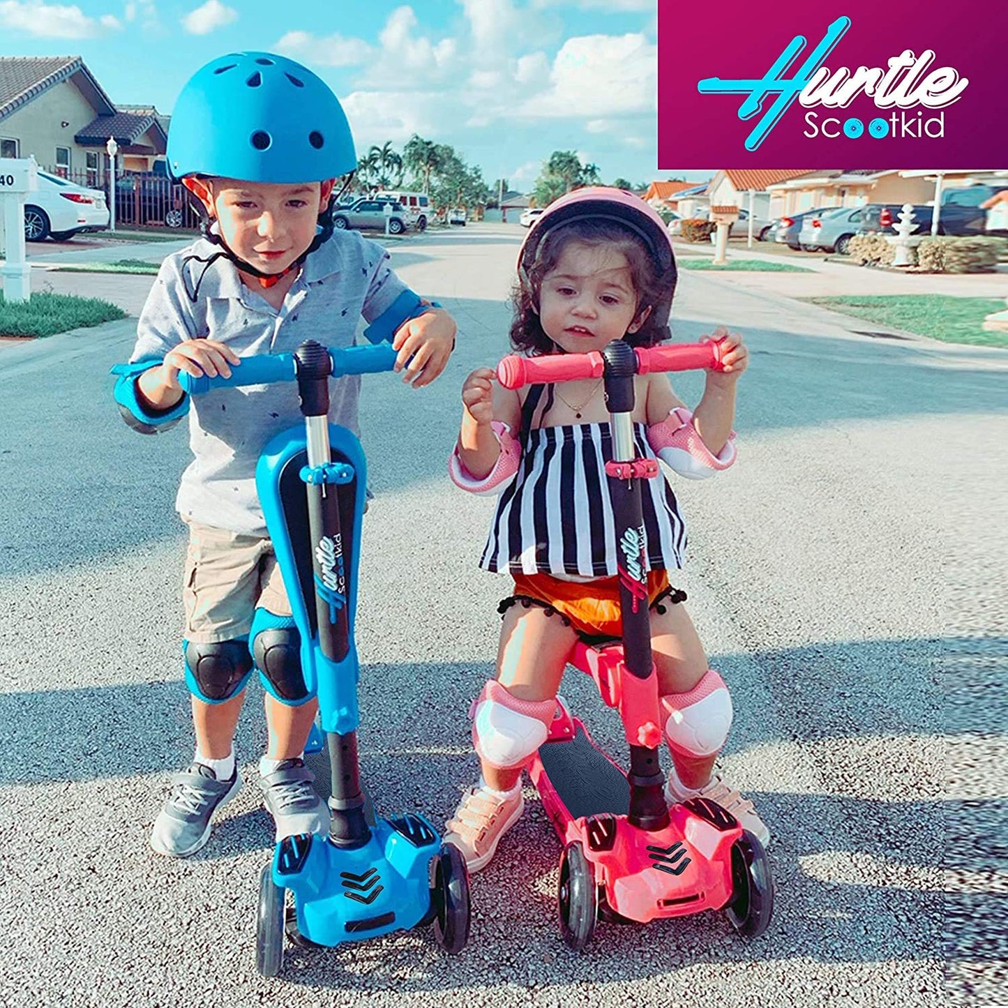 Hurtle Kids Scooter - Child Toddler Kick Scooter Toy with Foldable Seat - 3 Wheel Scooter with Adjustable Height, Anti-Slip Deck, Flashing Wheel Lights, for Boys/Girls 1-12 Year Old, Camouflage