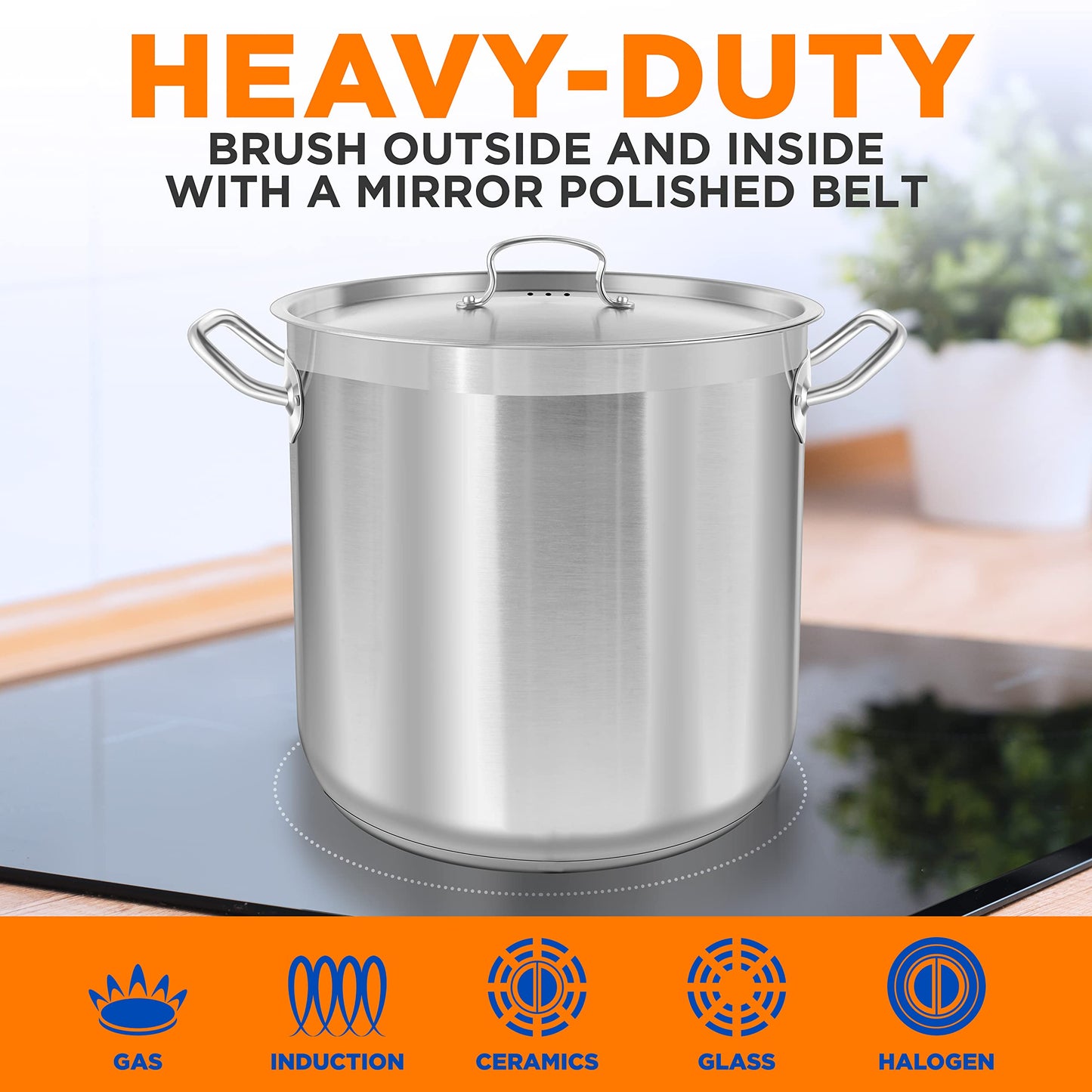 Nutrichef Stainless Steel Cookware Stockpot, 40 Quart Heavy Duty Induction Soup Pot With Stainless Steel Lid And Strong Riveted Handles, Even Heat Distribution, Compatible With Most Cooktops