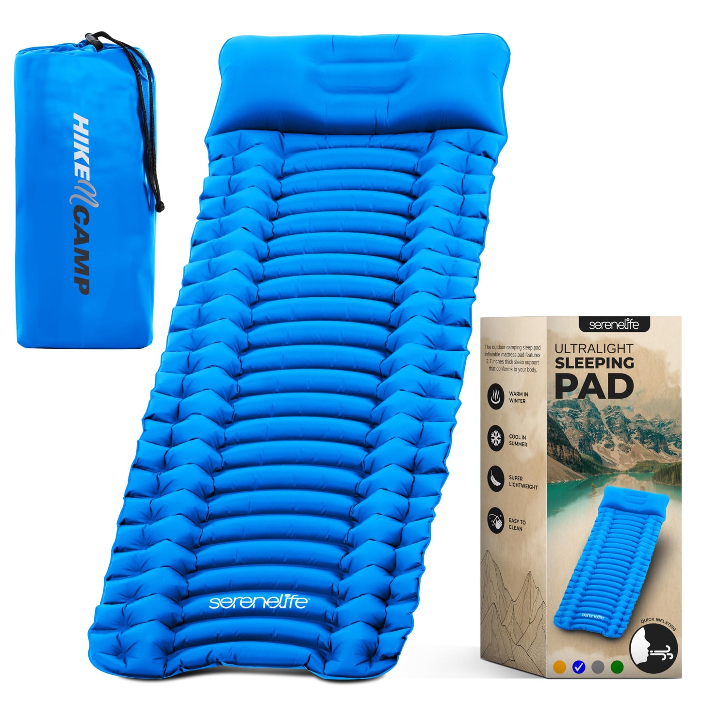 SereneLife Sleeping Pad for Camping - Compact Sleeping Mat with Quick-Inflating, Lightweight, and Tear-Resistant Backpacking Air Mattress with Carrying Bag for Camping, Backpacking, Hiking