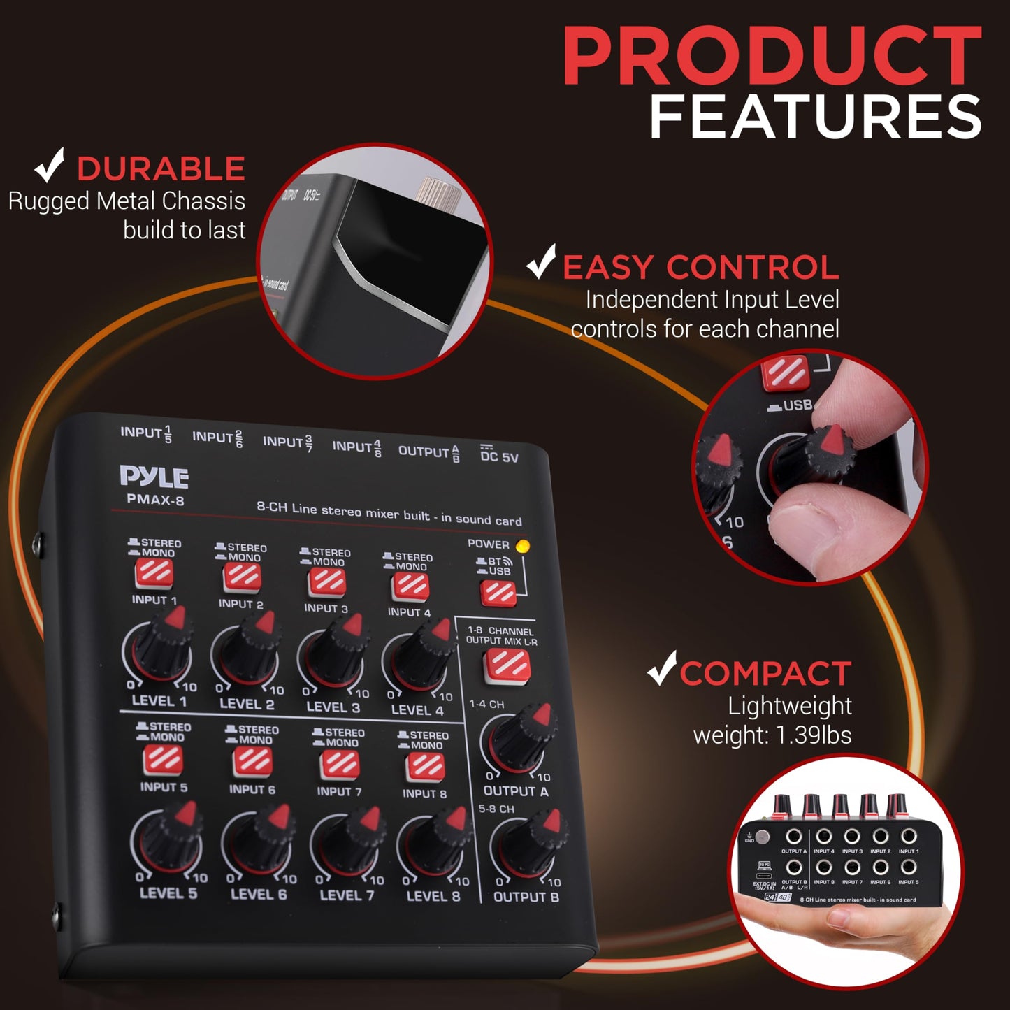 Pyle 8-Channel Wireless BT Streaming Mini Line Mixer with USB Audio Interface - 8 Mono/Stereo Switching Inputs | Ultra-low Noise Design with High Headroom | Built-in USB Sound Card - PMAX8