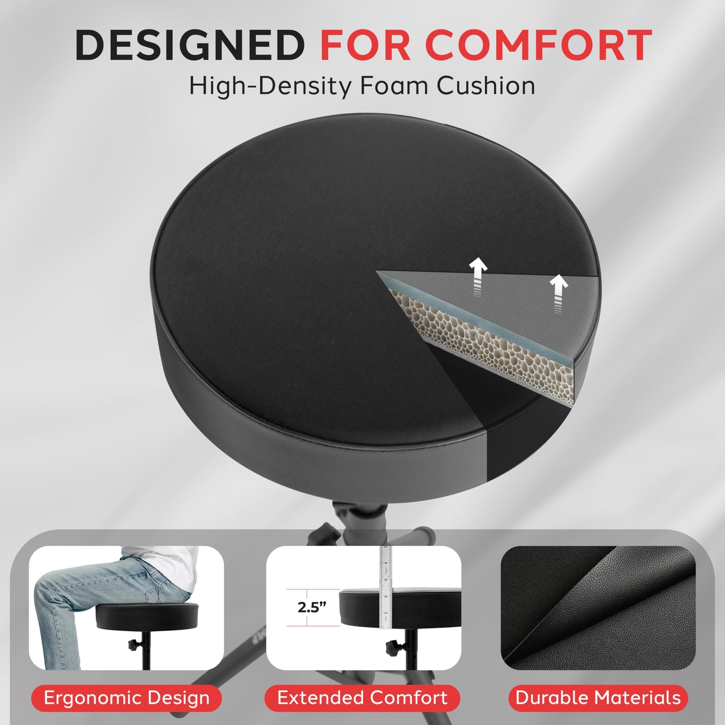 Pyle Drum Throne, Rotatable Padded Seat, Adjustable Height, Foldable Design, Solid Steel Legs, Non-Slip Rubber Feet, Musicians & Drummers, Assembly Required, Supports Up to 330 lbs, 0 lbs Weight