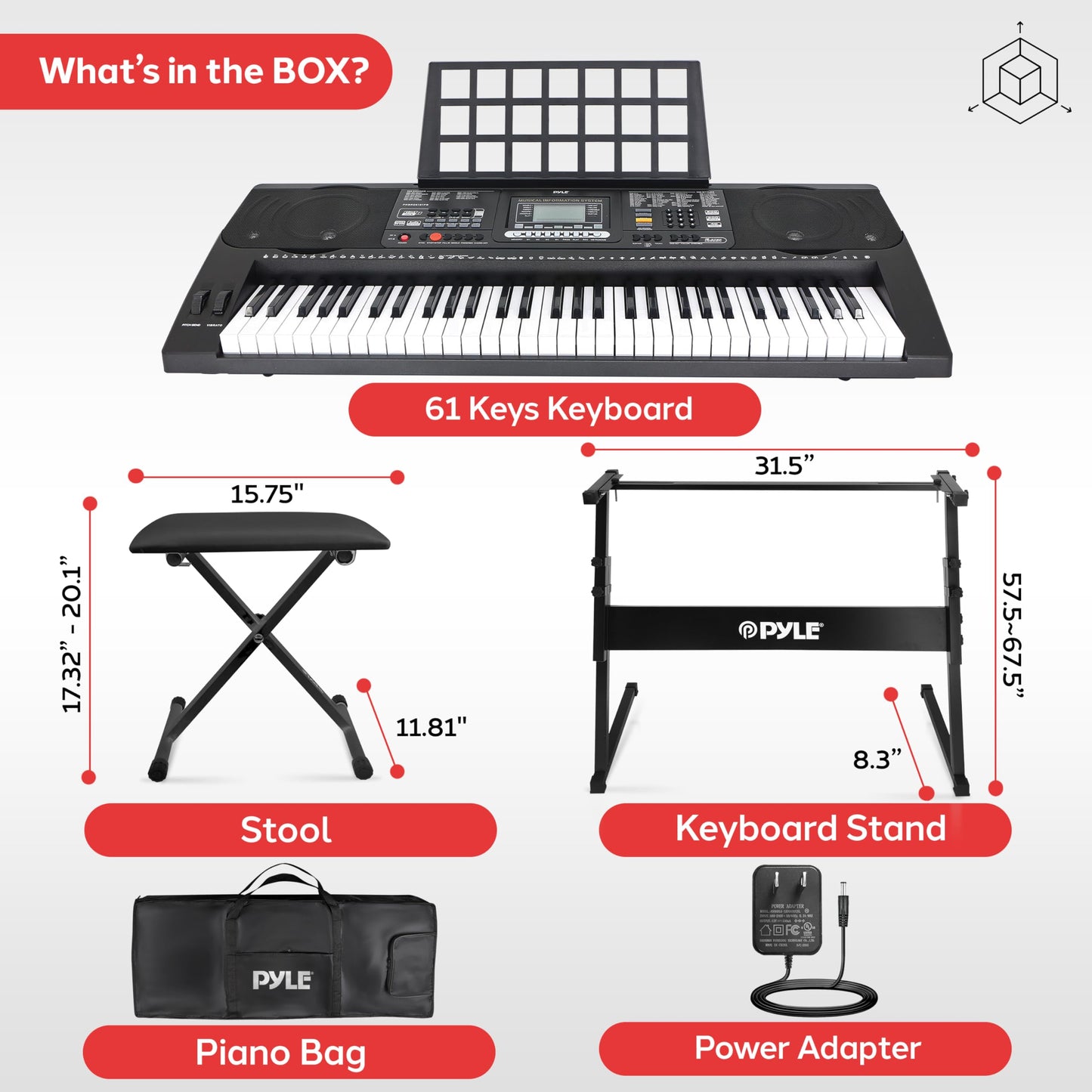 Pyle, Digital Musical Karaoke Portable Electronic Piano Includes Water-Resistant Case Bag Stool & Keyboard Stand (61 Keys), Stadard (PKBRD6151PB)