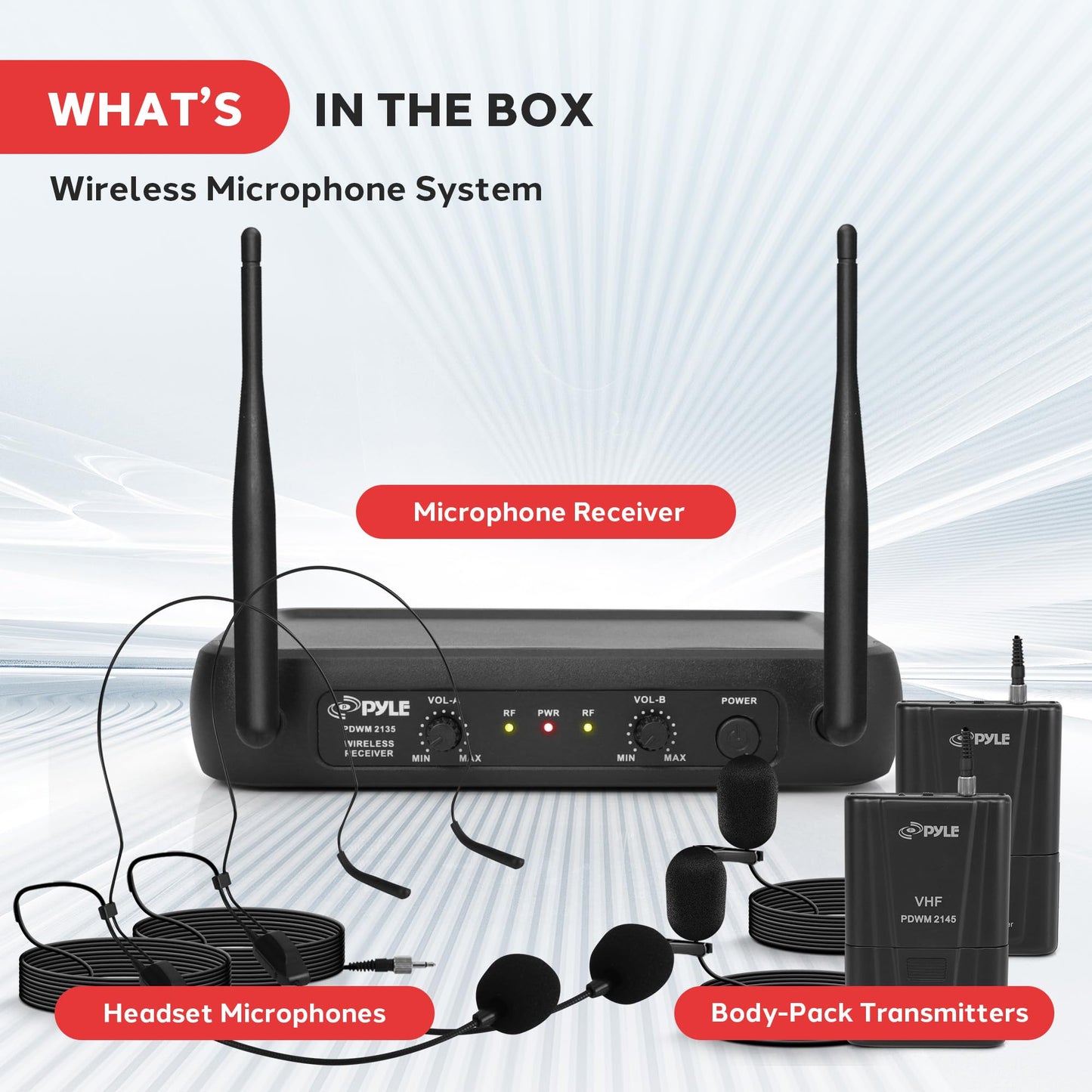 Pyle Dual Channel Wireless Microphone System - VHF Fixed Dual Frequency Wireless Mic Receiver Set with 2 Lavalier, 2 Headset Mics, 2 Transmitter, Receiver - For PA, Karaoke, Dj Party - Pyle PDWM2145