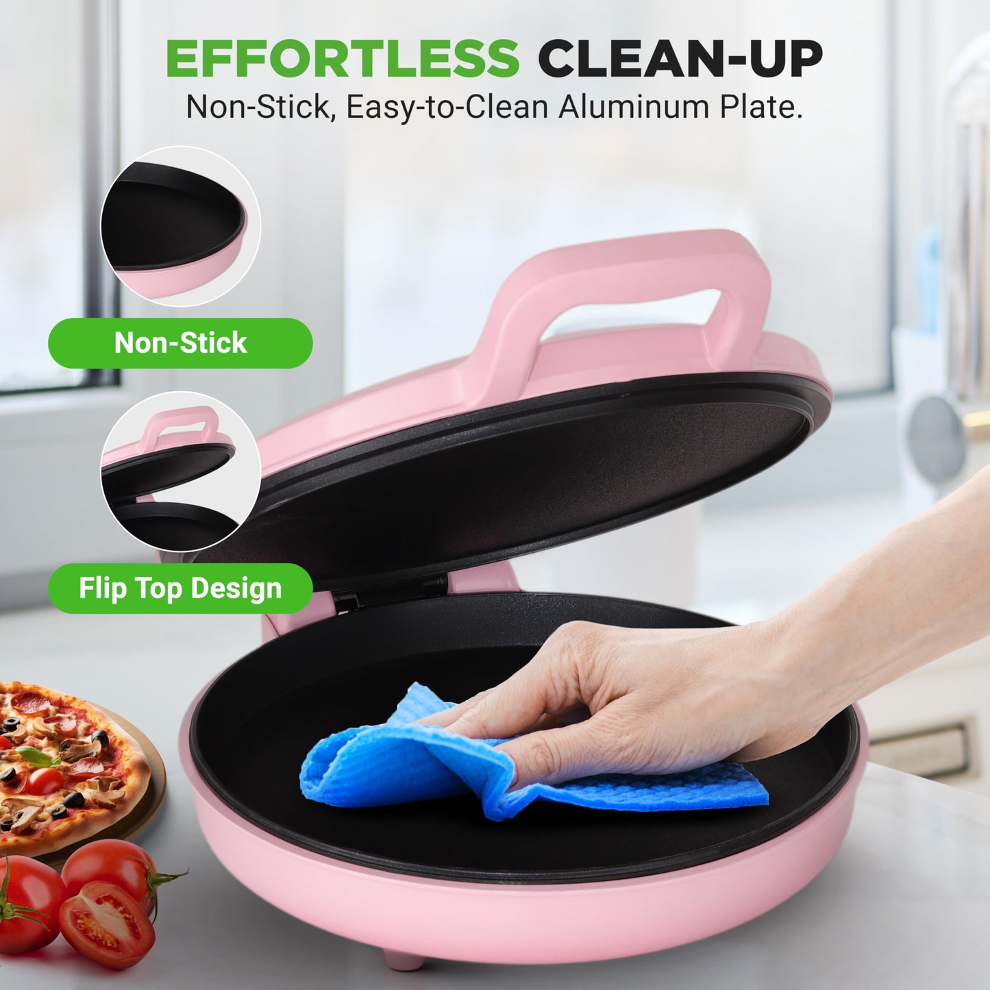 NutriChef Countertop Pizza Maker | 1500W Non-Stick Electric Pizza Cooker | Make 12" Personal Pizzas, Eggs, Toast & More | Cool-Touch Handles, Compact & Space-Saving | Temp Range 175-400°F | Pink