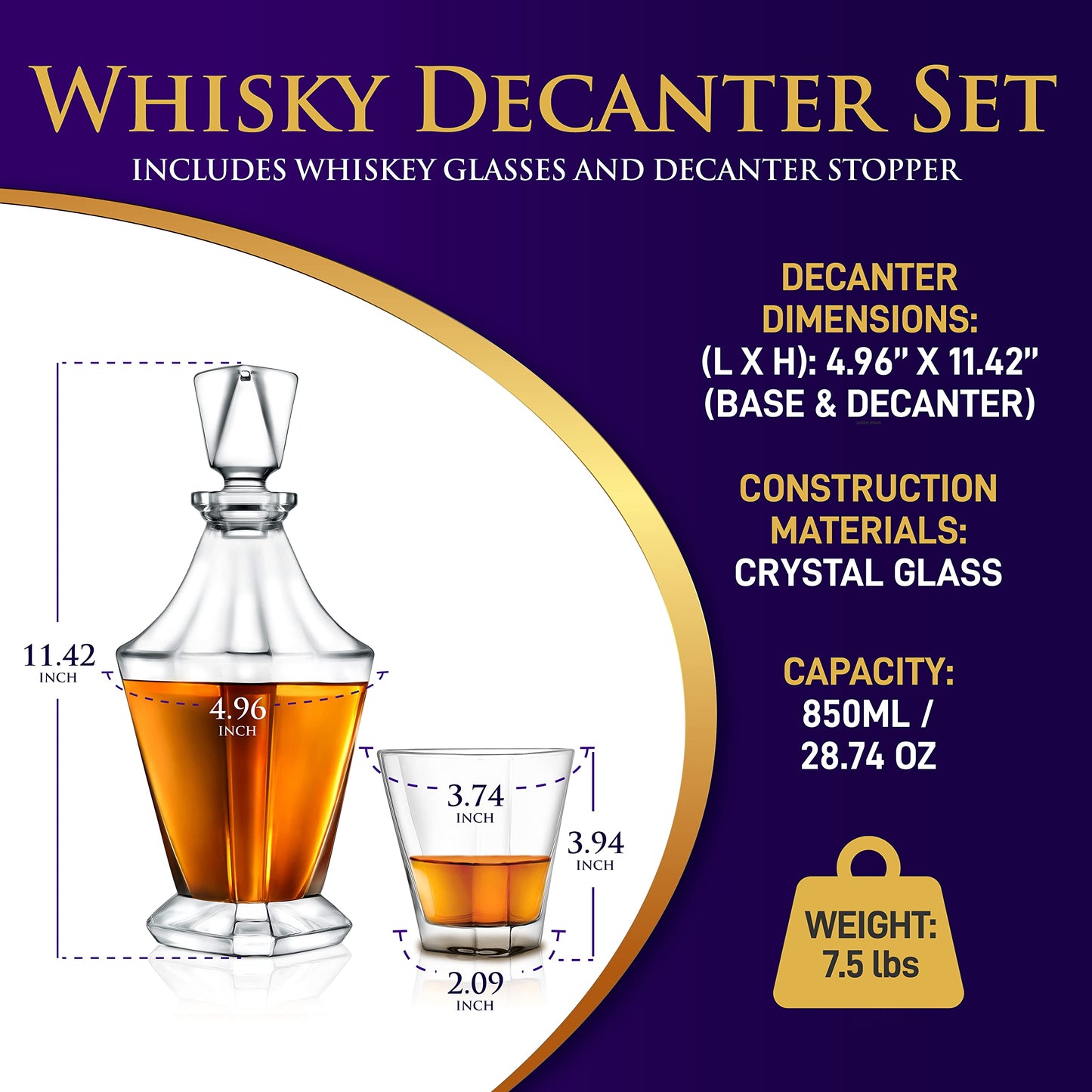 Nutrichef Whiskey Decanter Set, 850ml Decanter with Stopper, 300ml 4 Whiskey Glasses, Easy to Clean, Enhances Flavor, BPA-Free, Luxury Gift For Men, Elegant Design for House Warming Gifts New Home