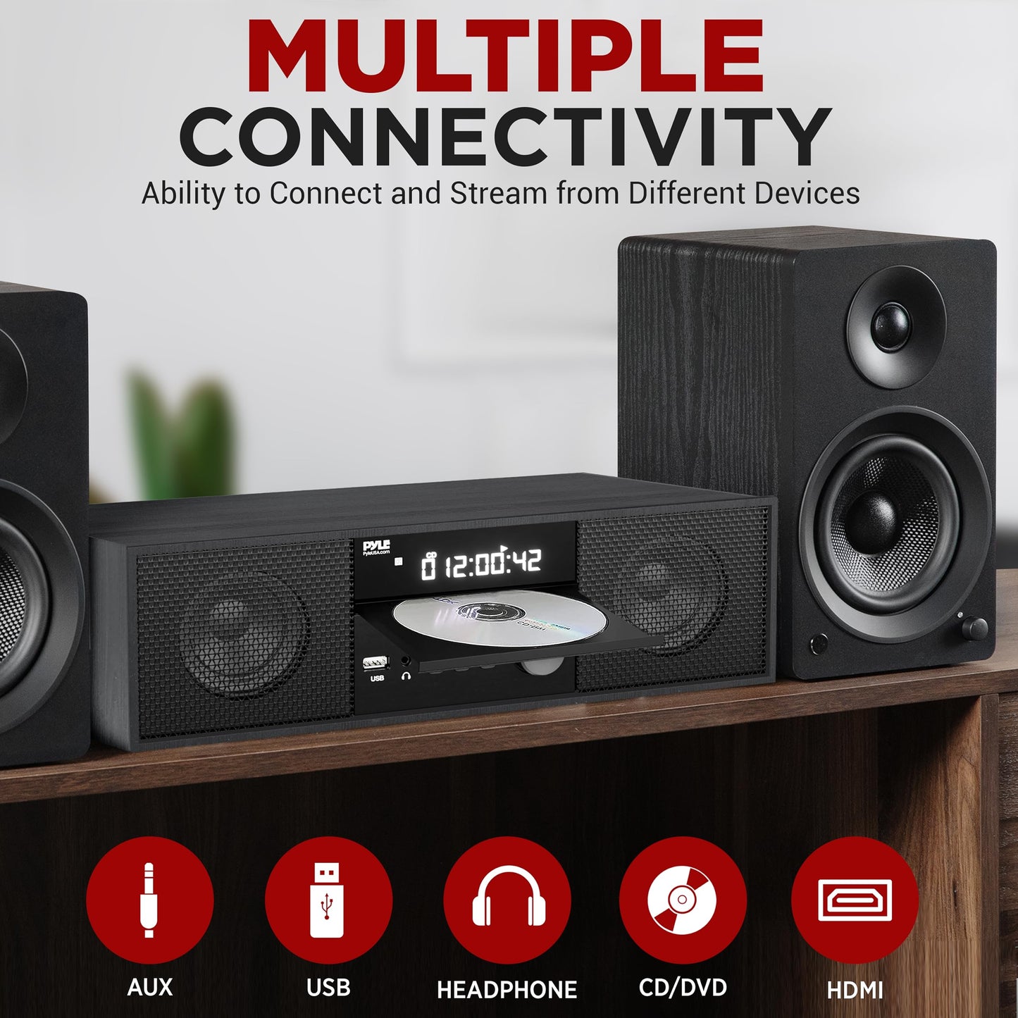 Pyle Home CD/DVD Stereo Shelf System - 200W Remote Operated Player w/Wireless Microphone, BT Connectivity, FM Radio/USB/Earphone/AUX, Supports HDMI, Adjustable Bass/Treble (Grey & Silver)