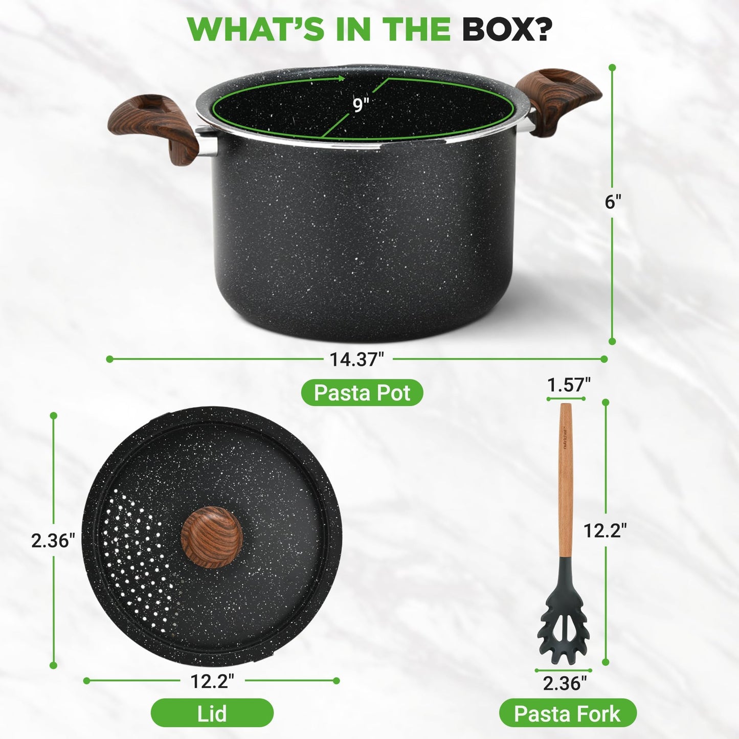 NutriChef 5qt Pasta Pot with Strainer Lid & Pasta Fork | Non-Stick Cooking Pot | Lockable Lid, Heat Resistant Handles | Even Heat Distribution | Easy Clean | Black Marble