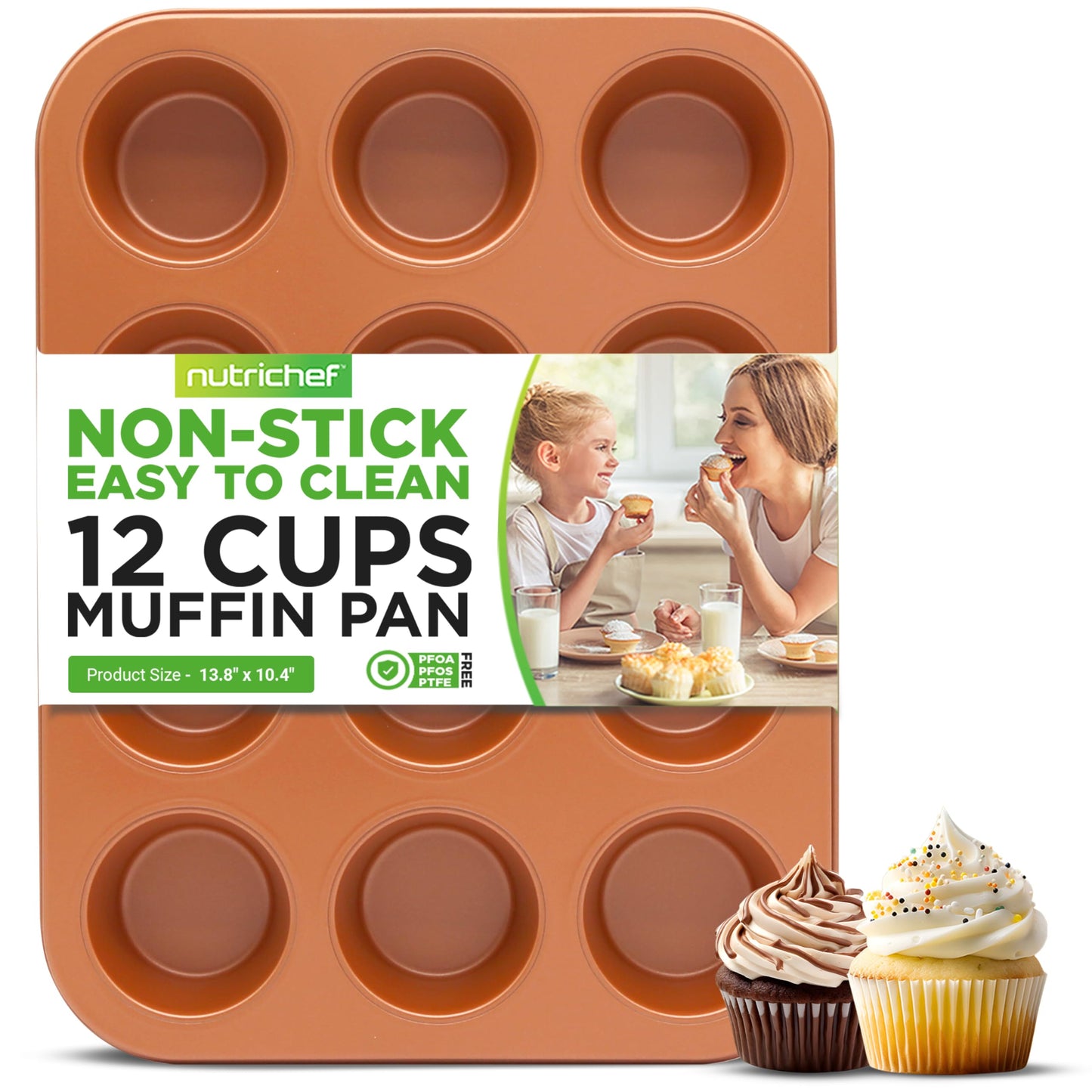 NutriChef 12-cup Copper Oven Muffin Pan, Non-Stick Coated Layer Surface, Even Heating Muffin Tray for Muffins, Cupcakes, Pastries & Mini Pies, Used for Model Number NCBSCC54