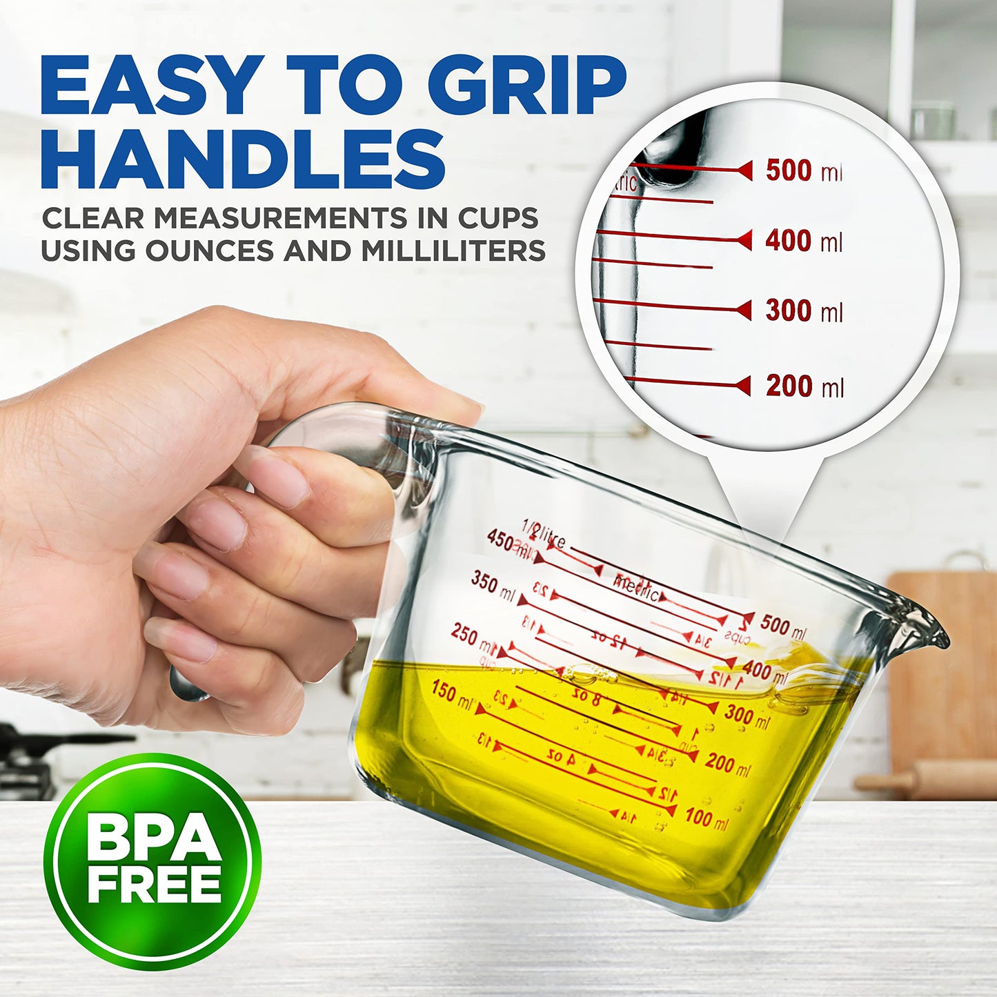 NutriChef 2 Pieces Measuring Cups - BPA-Free Premium Heat Resistant Borosilicate Glass Measuring Cups w/ Handle, Precise Measurement w/ Oz & Ml Scale in 500ml & 1000ml, Microwave & Oven Safe