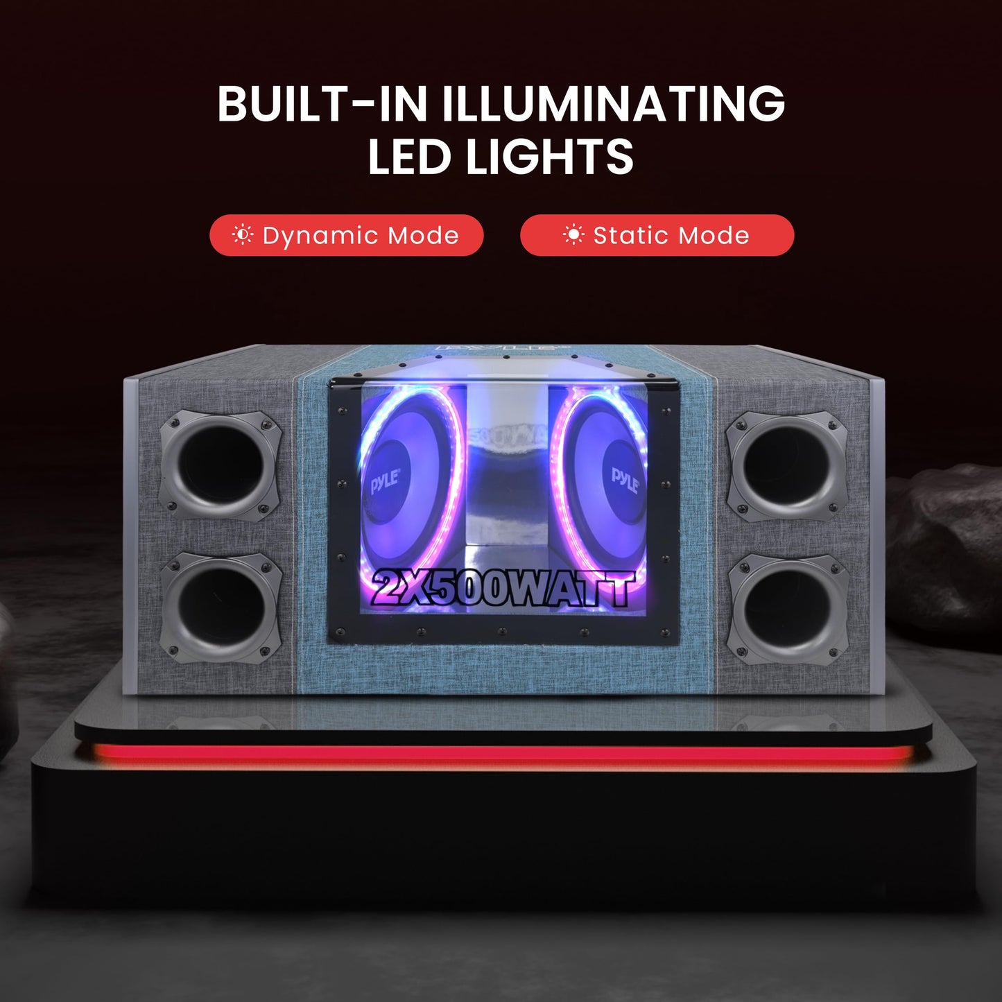 Pyle 10" Dual Series Vented Subwoofer Enclosure for Car Audio - High Powered Sub Woofer Speaker with a 10 Inch Silver Paper Cone and Built-in Illuminating LED Lights - 2x500 Watt Max Power