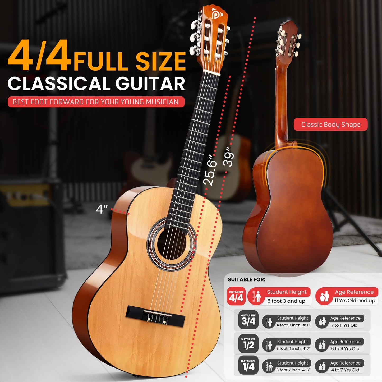 Pyle Classical Guitar Starter Kit - 39" 4/4th Size All Wood Instrument with Capo, Gig Bag, Strings, Strap, Right Picks (Natural Gloss)