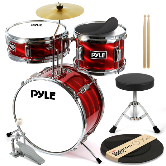 Pyle Kids Drum Set, 3 Piece Beginner Junior Drummer Kit with 13" Bass Drum, Snare, Tom, Cymbal, Adjustable Throne, Mutes, Drumsticks, Red