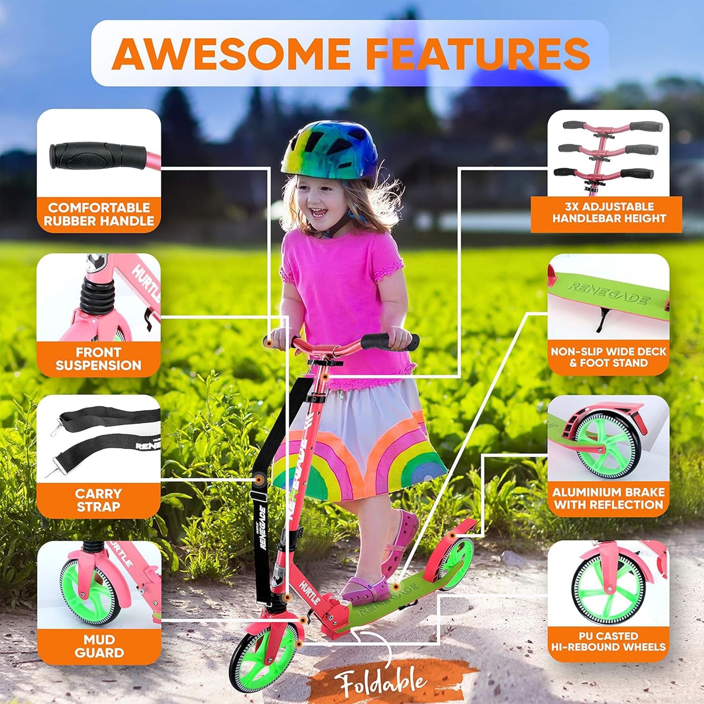 Hurtle Teenager Kick Scooter - 2 Wheel with Adjustable T-Bar Handlebar - Folding Adult with Alloy Anti-Slip Deck - 8" Smooth Gliding Wheels, Watermelon