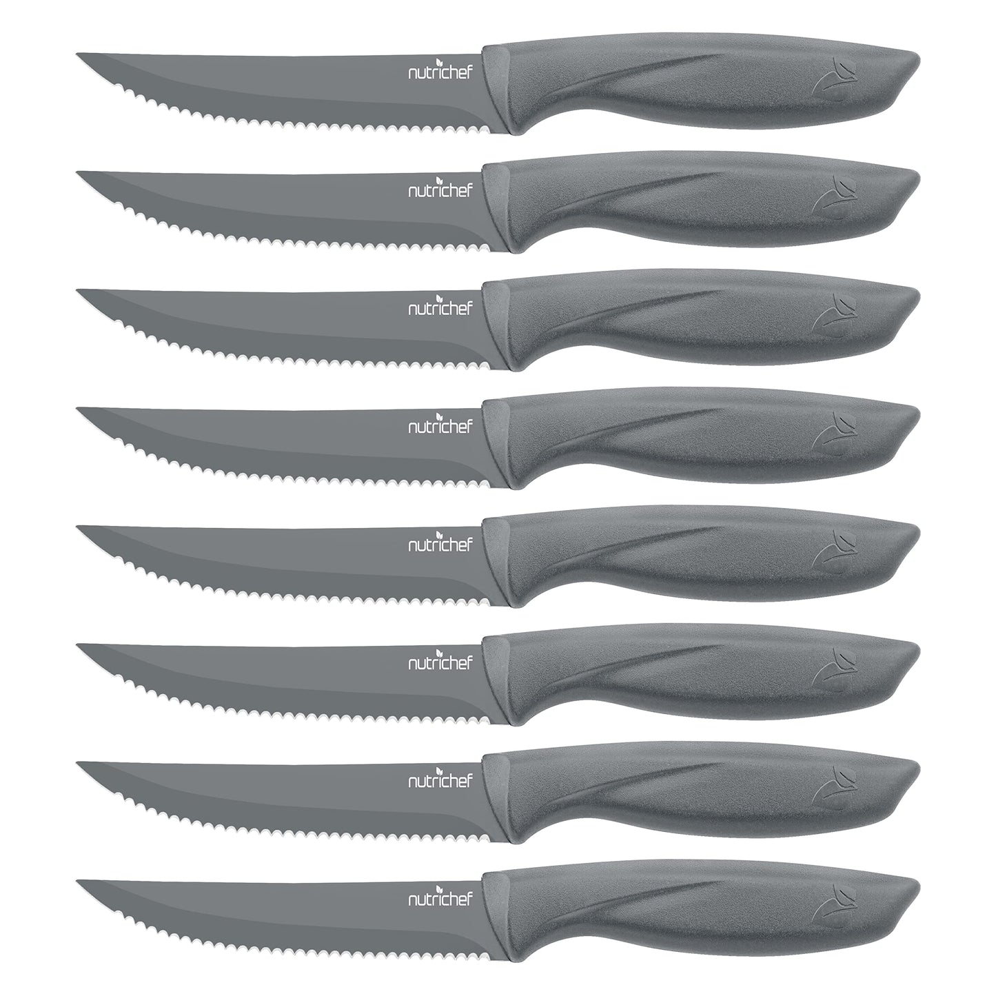 8 Piece Kitchen Knife Set - Multi-purpose Unbreakable Ergonomic Non-stick Stainless Steel Kitchen Steak Knives Set with Fully Serrated Blades - Great for BBQ Grill - NCSK8GY