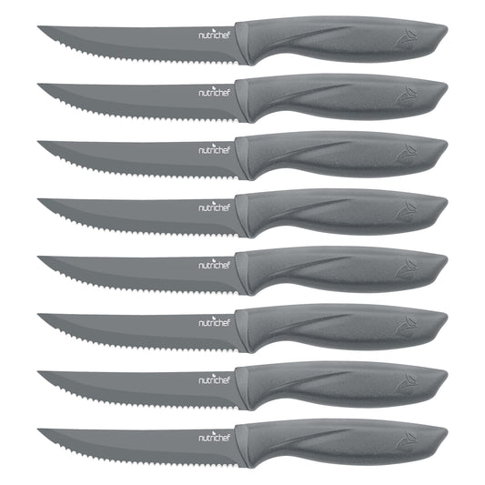 8 Piece Kitchen Knife Set - Multi-purpose Unbreakable Ergonomic Non-stick Stainless Steel Kitchen Steak Knives Set with Fully Serrated Blades - Great for BBQ Grill - NCSK8GY