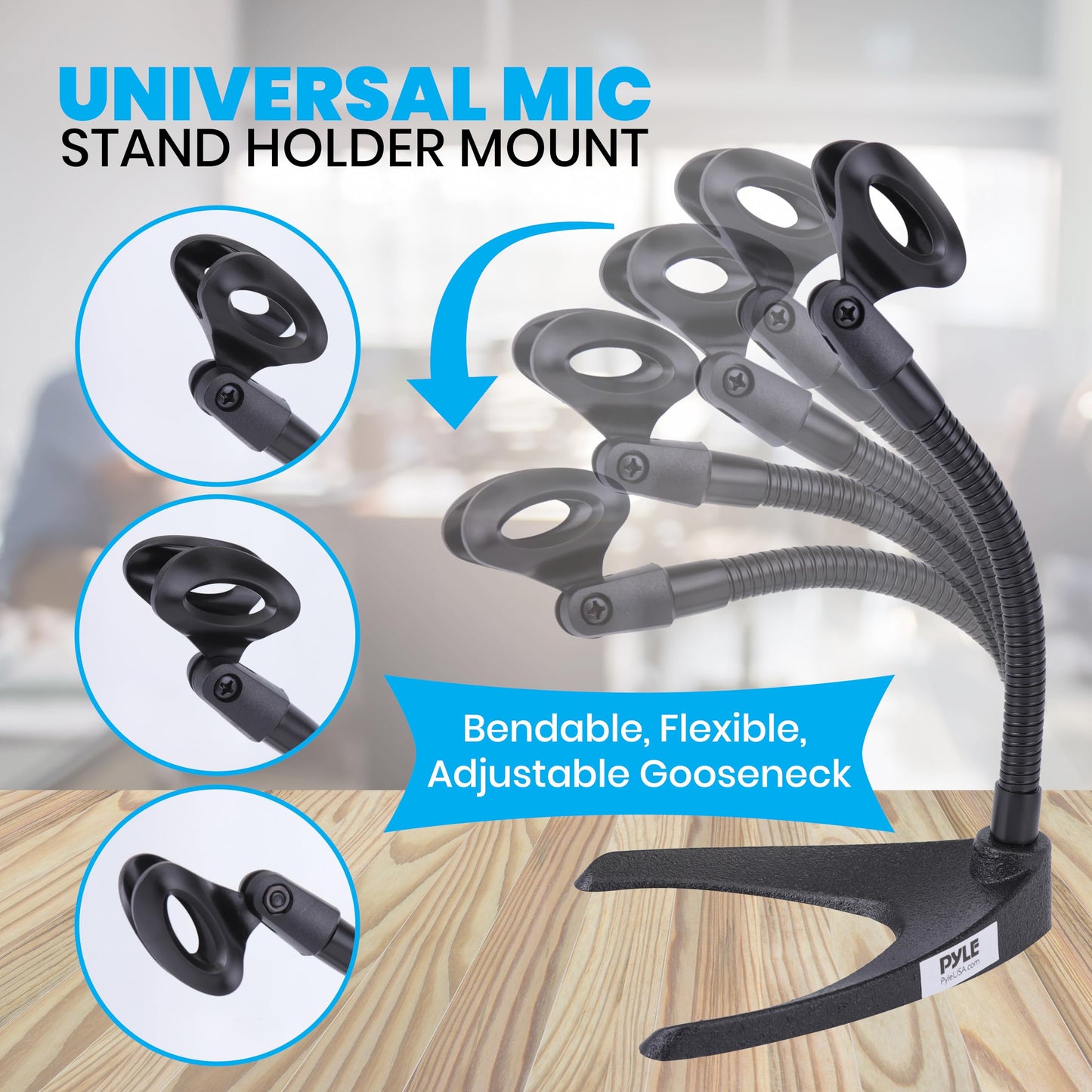 Pyle Desktop Microphone Stand - Universal Tabletop Mic Holder w/ Flexible 8.2'' Inch Gooseneck Mount and Solid U Shape Base - Perfect for Table Desk or Counter - PMKS8,Black