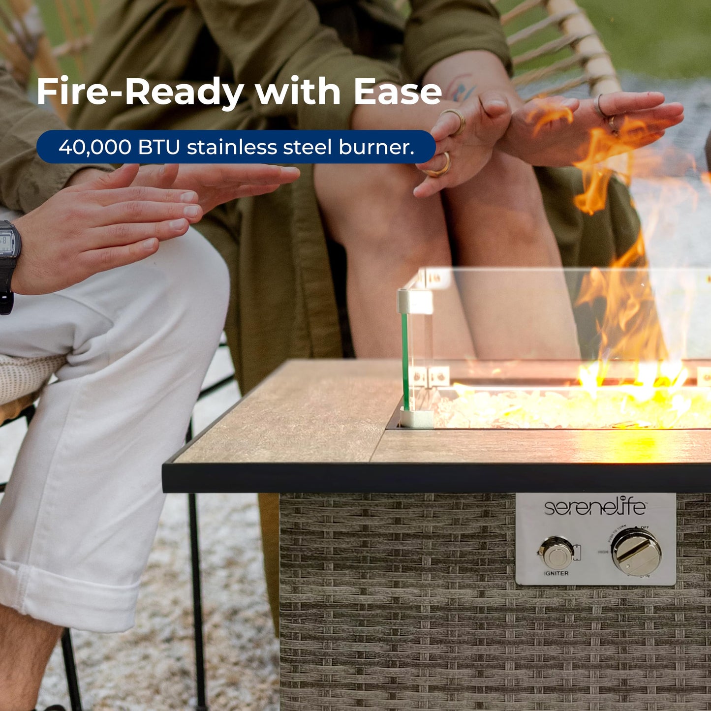 Outdoor Propane Fire Pit Table - CSA/ETL Certified Safe 50,000 BTU Pulse Ignition Weatherproof Square Wicker Propane Gas Fire Table w/Tile Tabletop Adjustable Flame - Glass Rocks