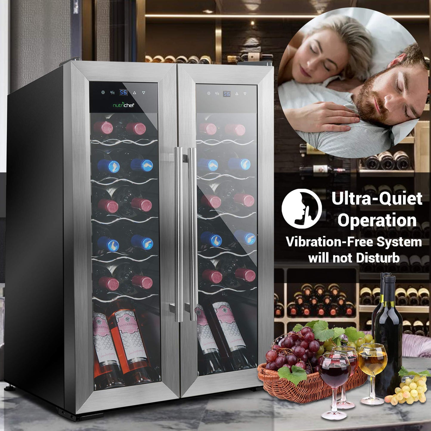 24 Bottle Wine Cooler Refrigerator - White Red Wine Fridge Chiller Countertop Wine Cooler - Freestanding Compact Mini Wine Fridge 24 Bottle w/Digital Control, Stainless Steel Door - NutriChef PKCWC24