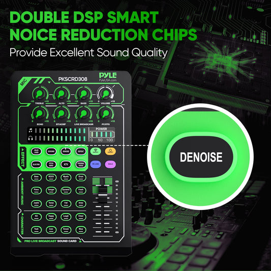 Pyle Portable Bluetooth Live Broadcast Sound Card Pro Audio Interface DJ mixer Condenser w/Microphone Set, for Streaming Podcasts Studio, Recording PC, Gaming, Phone, w/FX, Ambient Sounds