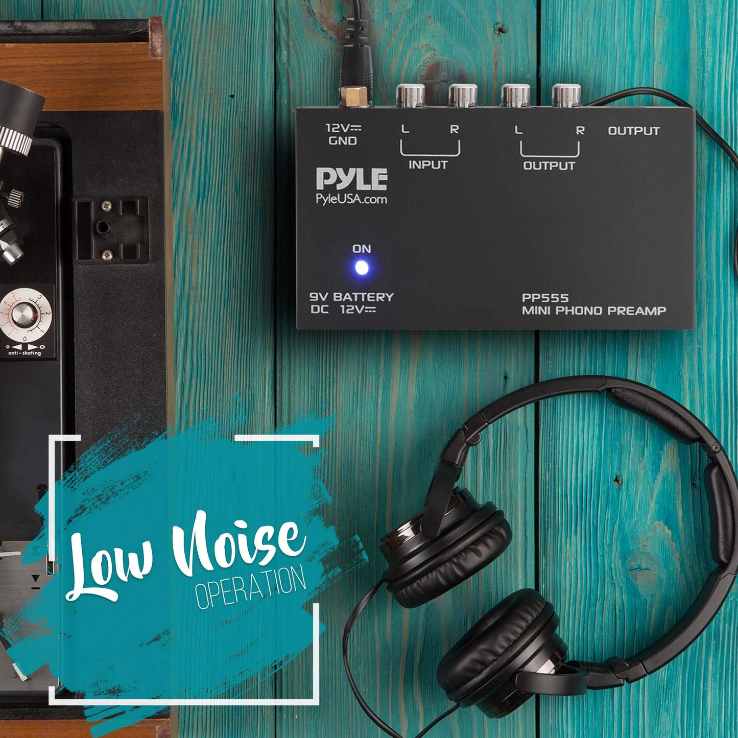Pyle Phono Turntable Preamp - Mini Stereo Preamplifier with 9V Battery - 12V DC Power Adapter - RCA Input/Output - Low Noise - Ideal for Phonograph and Vinyl - PP555