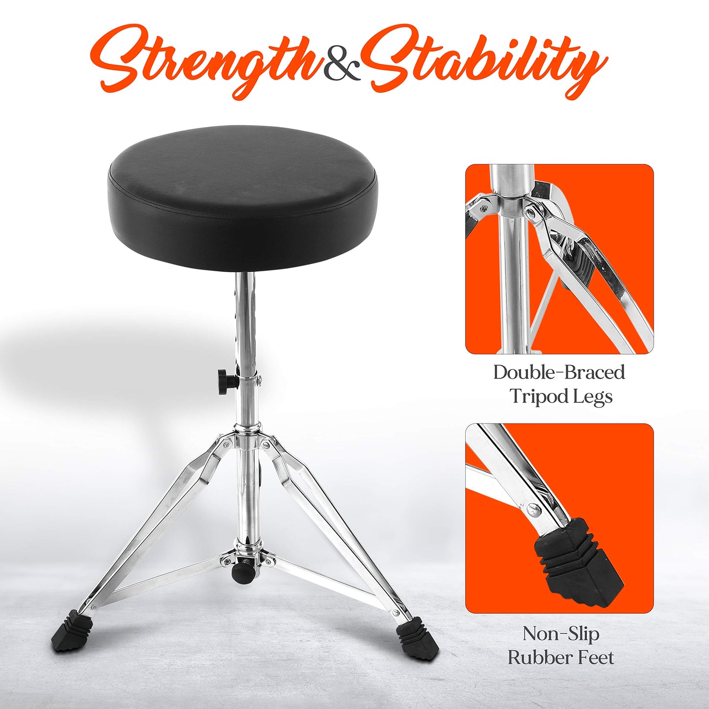 Pyle Adjustable Drum Throne Stool - Portable with Double-braced Tripod Legs, Foam-Cushioned Seat, Perfect for On Stage and in-Studio Use PSEATDRM28