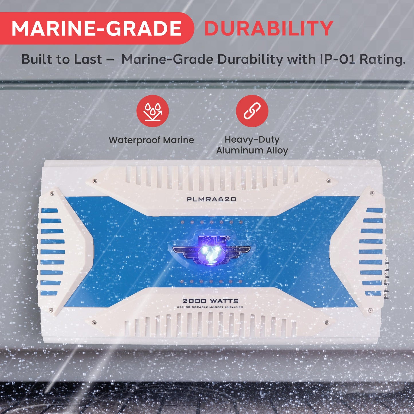 Pyle 6 Channel Marine Amplifier Receiver - Waterproof Wireless Bridgeable Audio Amp for Stereo Speaker with 2000 Watt Power Dual MOSFET Supply, GAIN Level, RCA Inputs and LED Indicator - PLMRA620
