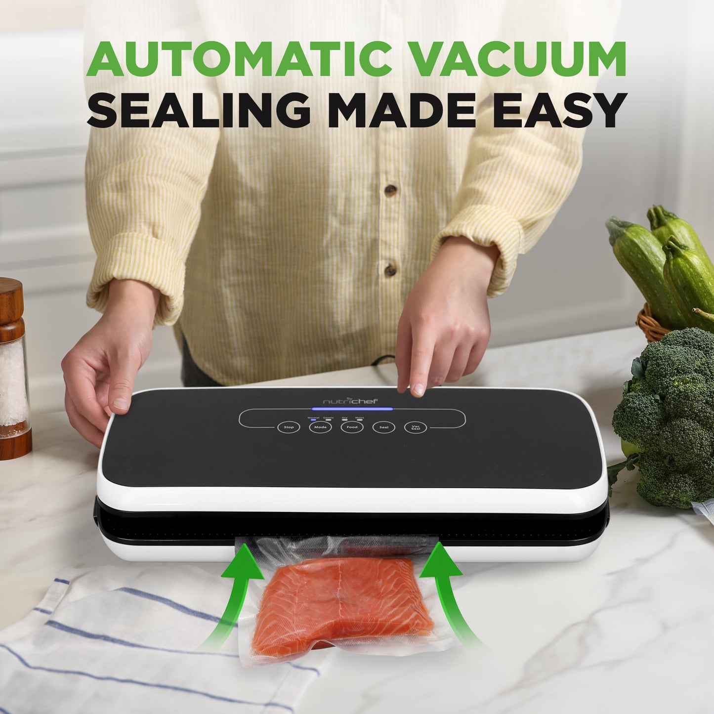 NutriChef Food Vacuum Sealer Machine - Automatic Air Sealing System for Dry & Moist Foods, LED Touch Controls, Includes Vacuum Bags, Hose & Wine Stopper, High Suction Power, 14"x6"x3", Black