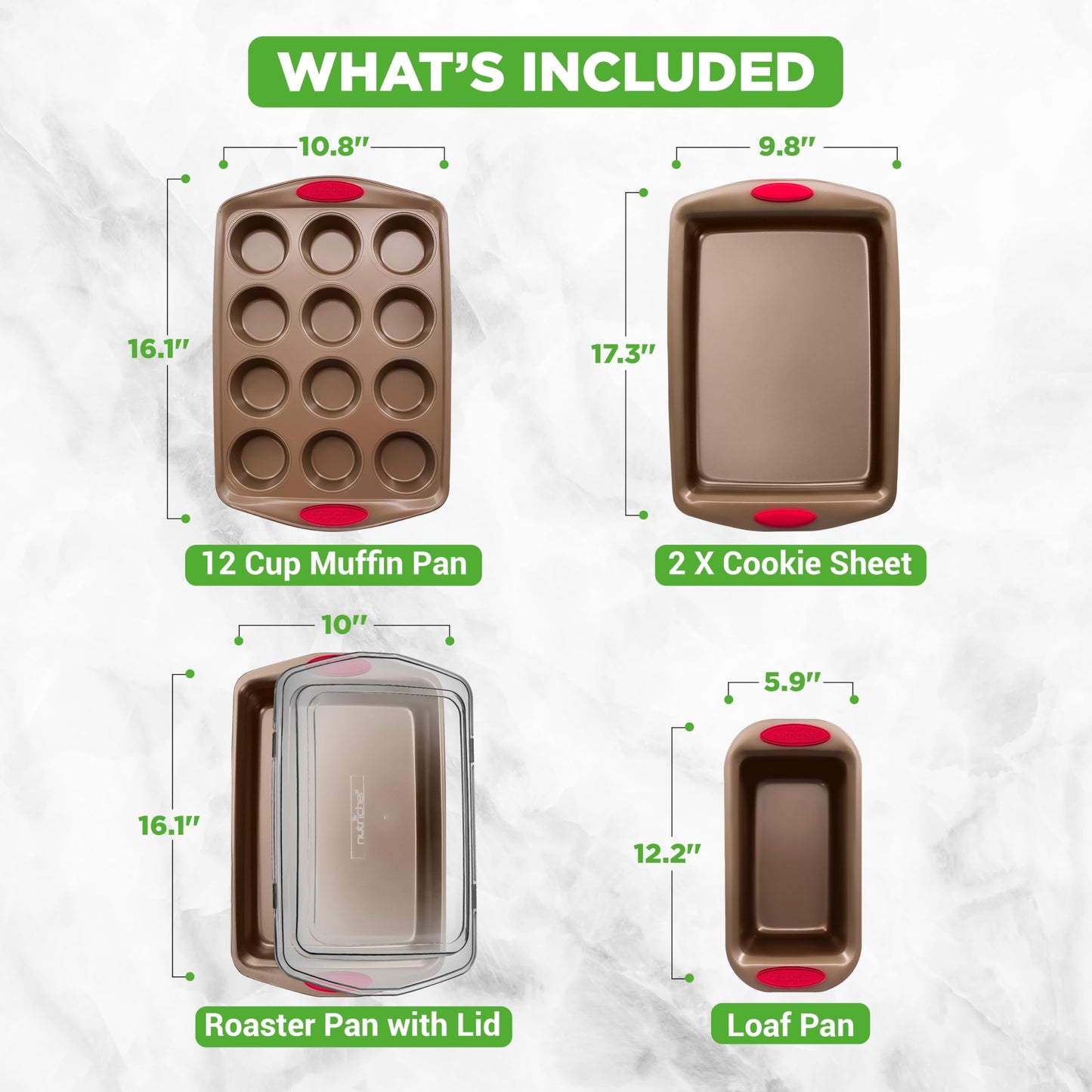NutriChef 6-Piece Nonstick Baking Pan Set - Premium Steel Bakeware w/Silicone Handles - Includes 2 Baking Sheets, 12-Cup Muffin, Loaf, & Roaster Pan w/BPA-Free Lid - Easy to Clean, Gold