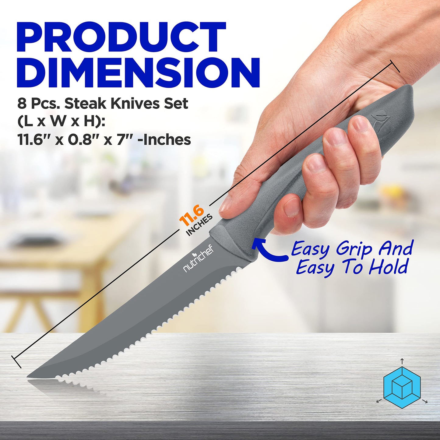 8 Piece Kitchen Knife Set - Multi-purpose Unbreakable Ergonomic Non-stick Stainless Steel Kitchen Steak Knives Set with Fully Serrated Blades - Great for BBQ Grill - NCSK8GY