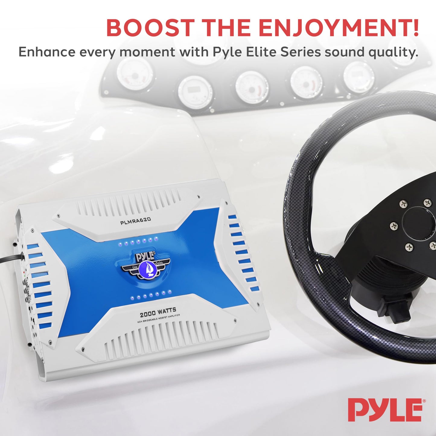 Pyle 6 Channel Marine Amplifier Receiver - Waterproof Wireless Bridgeable Audio Amp for Stereo Speaker with 2000 Watt Power Dual MOSFET Supply, GAIN Level, RCA Inputs and LED Indicator - PLMRA620