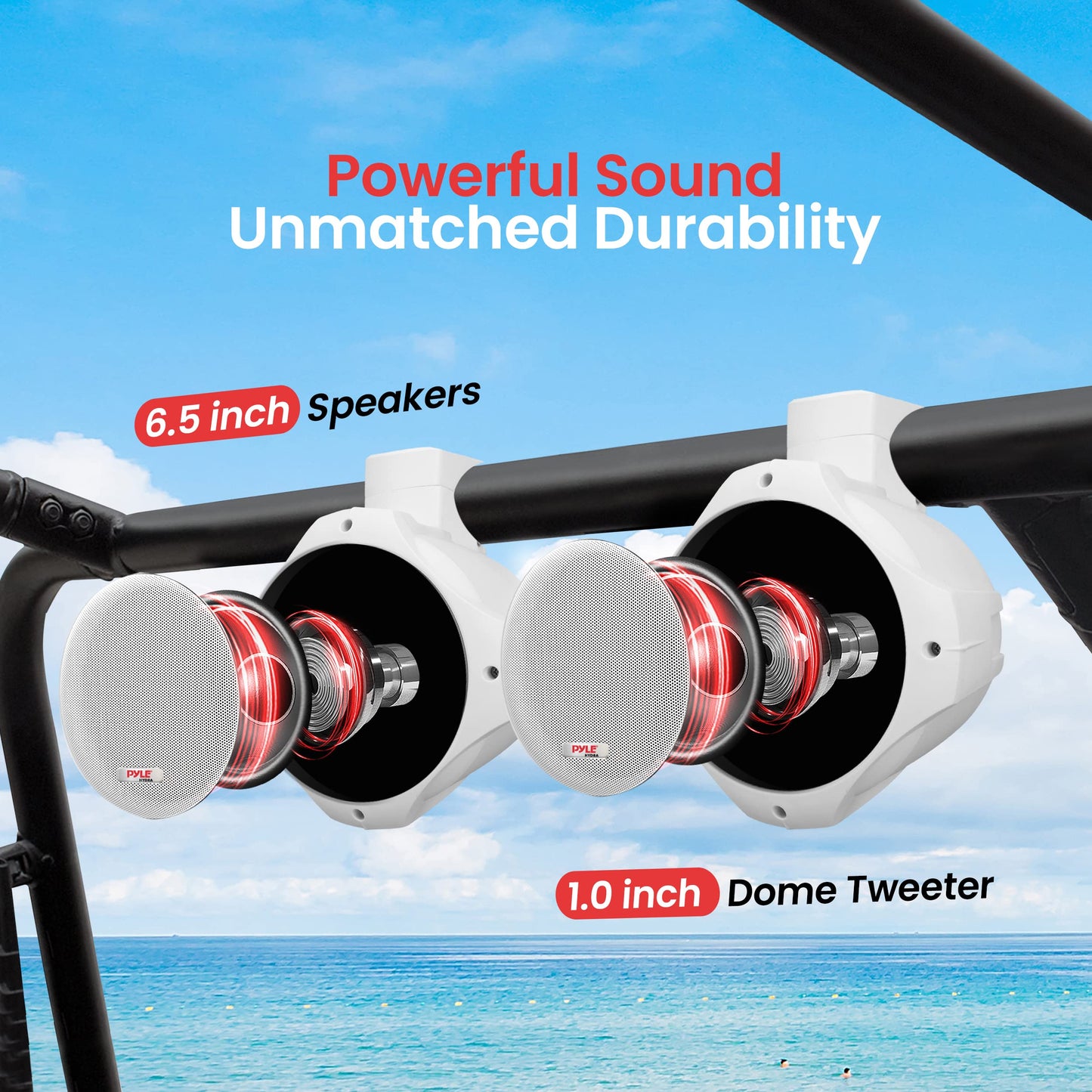 Pyle Waterproof Marine Wakeboard Tower Speakers - 6.5in Dual Subwoofer Speaker Set and 1” Tweeter with 200 Watt Power - 2-way Boat Audio Stereo System with Mounting Bracket - 1 Pair - PLMRW65 (White)