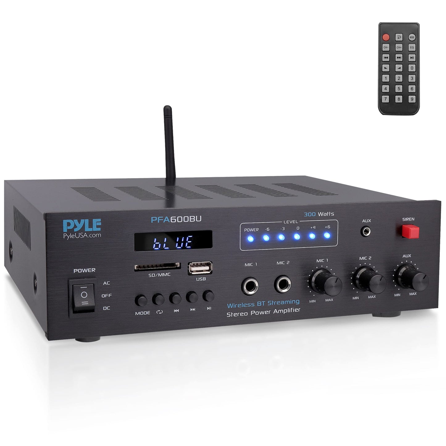 Pyle 300W Bluetooth Karaoke Amplifier - 2-Channel PA System with FM Radio - USB/SD - AUX - 2 Mic Inputs - Siren Alarm - 12V Power Option - Remote Control for Home - Car - Bus Tours - PFA600BU
