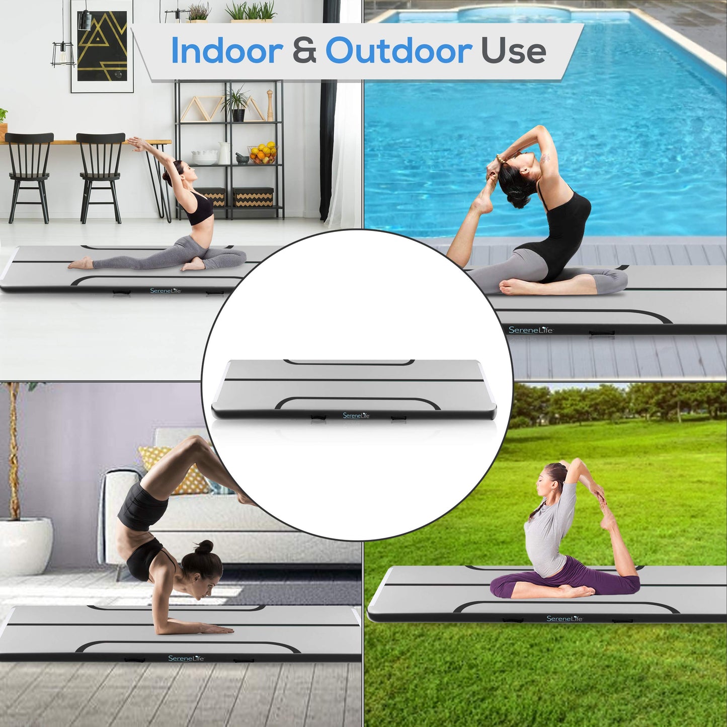 SereneLife Inflatable Air Tumbling Mat - 9.8 Ft Outdoor/Home Indoor Gymnastics Mat Air Tumbling Mat Track - Floor Tumble Track Mats For Gymnast, Yoga, Cheerleading - (Black)