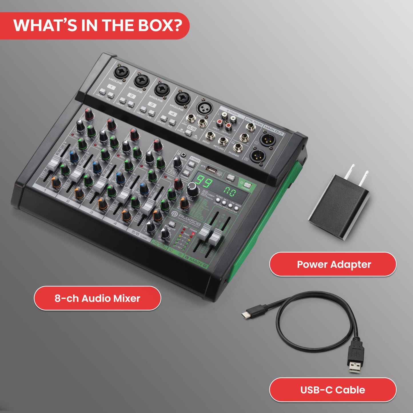 Pyle 8-Channel Audio Mixer - Bluetooth 5.0 Studio Mixer/DJ Controller with Digital Effects - USB Interface - MP3 Compatible - XLR Inputs and LED Display - Audio Mixing Sound Board System - PMX508