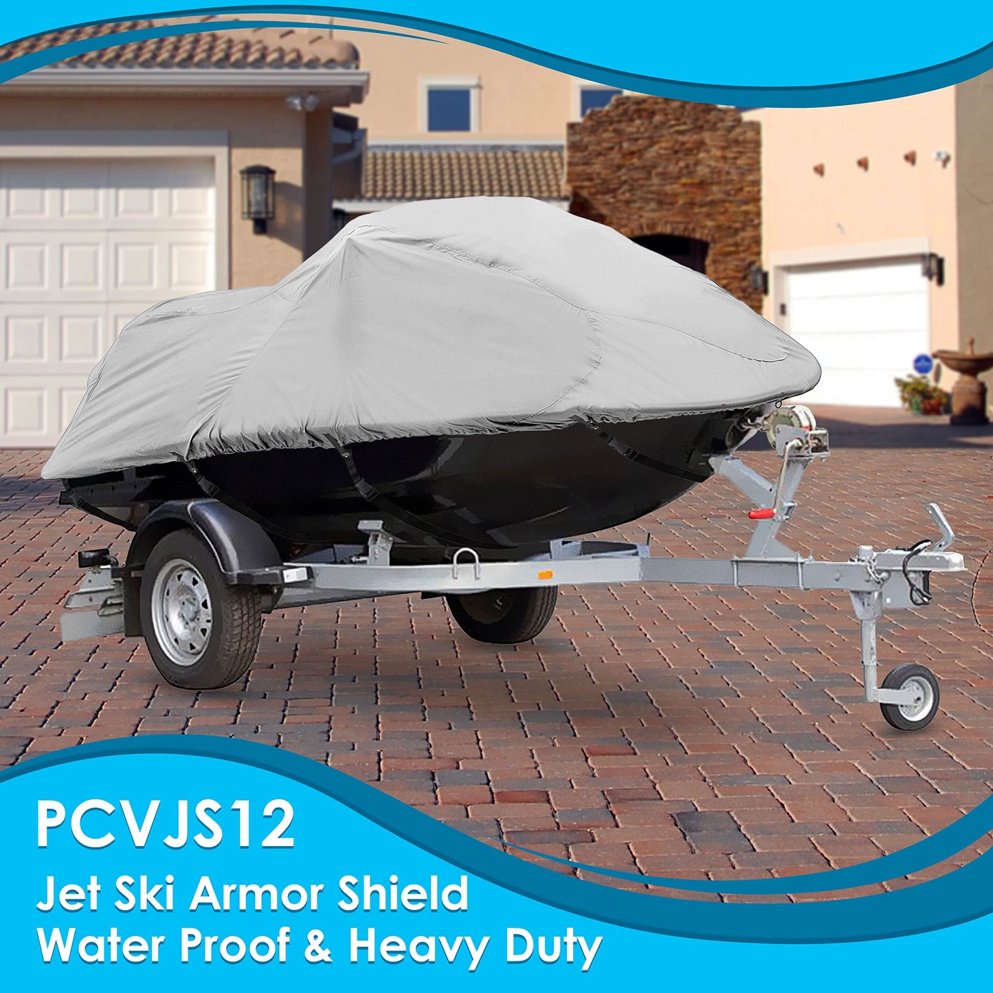 Heavy Duty Jetski Storage Cover - 118” to 126” Marine Grade Boat Cover with Rear Air Vents, Waterproof & Weather Resistant Fabric & Elastic Cord for Tight Custom Fit - Pyle PCVJS12