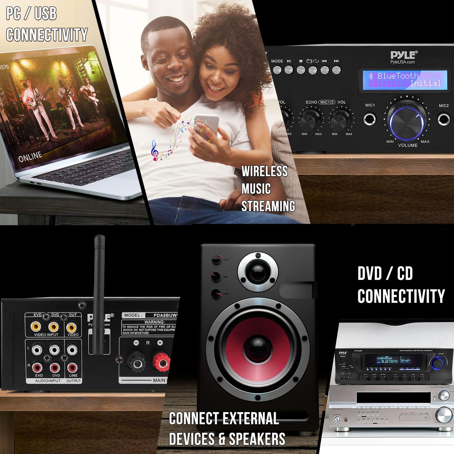 Pyle Wireless Microphone Bluetooth Amplifier-200W Peak Power Dual Channel Stereo Audio Receiver w/USB,AUX in, Dual Mic Inputs w/Echo Control,RCA Input, For Karaoke,Home Theater,Music Studio- PDA8BUWM