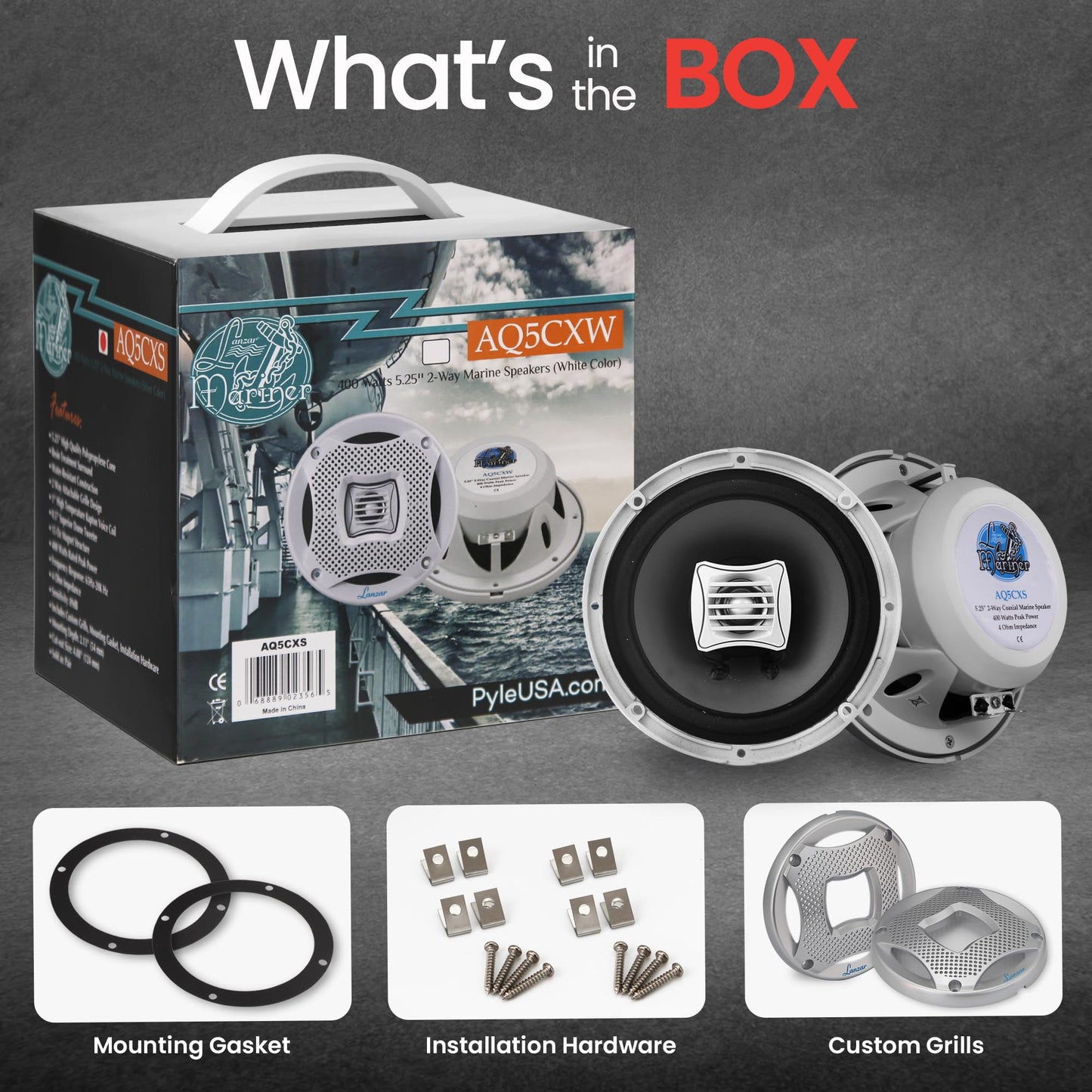 LANZAR 5.25” Marine 2-Way Speakers - Water Resistant Audio Stereo Sound System with 400 Watt Power, Attachable Grills and Resin Treatment for Indoor and Outdoor Use - 1 Pair in - AQ5CXS (Silver)