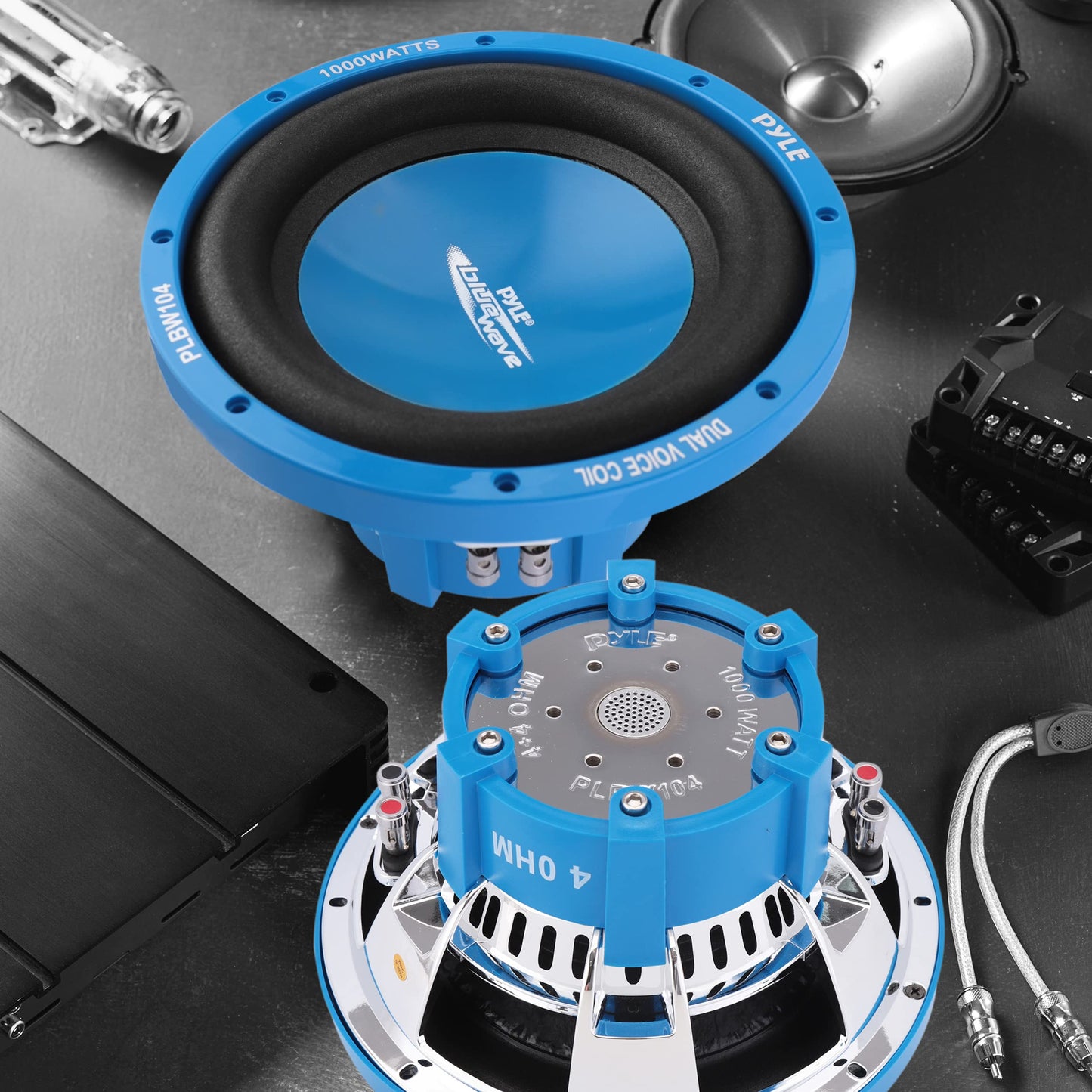 Pyle Car Vehicle Subwoofer Audio Speaker - 10 Inch Blue Injection Molded Cone, Blue Chrome-Plated Plastic Basket, Dual Voice Coil 4 Ohm Impedance, 1000W Power For Vehicle Stereo Sound System PLBW104