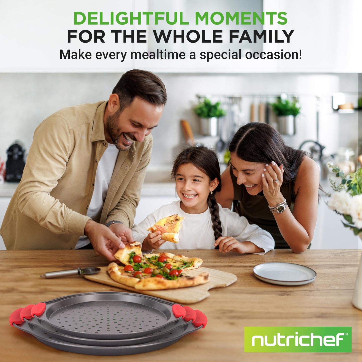 NutriChef 3-Piece Pizza Tray Set with Silicone Handles - Round Nonstick Pizza Pan with Perforated Holes, Durable Carbon Steel, Small, Medium, Large Sizes - Ideal for Crispy, Evenly Baked Pizzas (Gray)